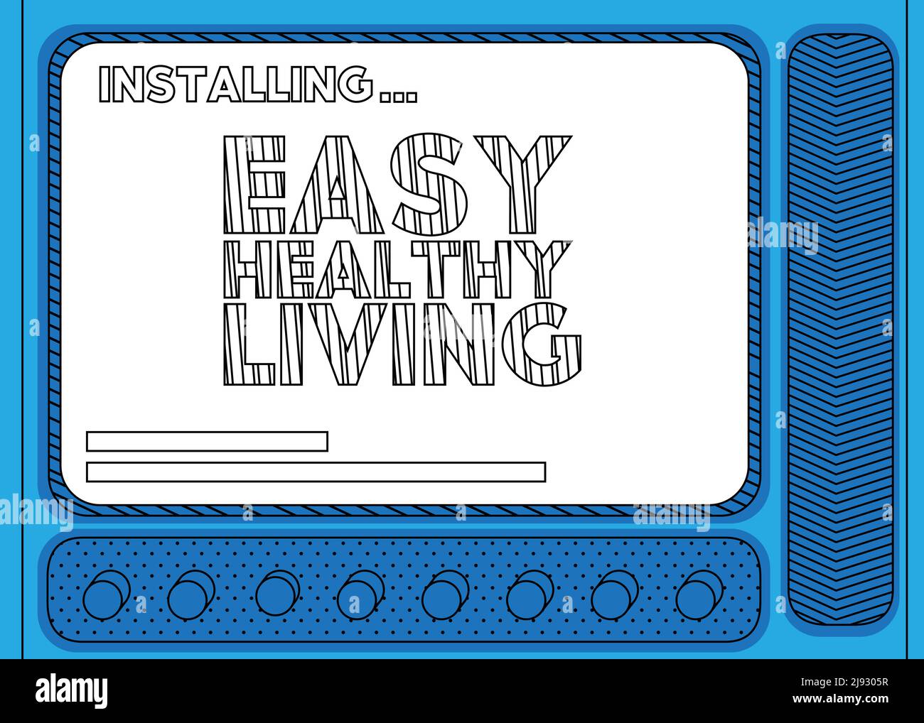 Ordinateur de dessin animé avec le mot Easy Healthy Living. Message d'un écran affichant une fenêtre d'installation. Illustration de Vecteur
