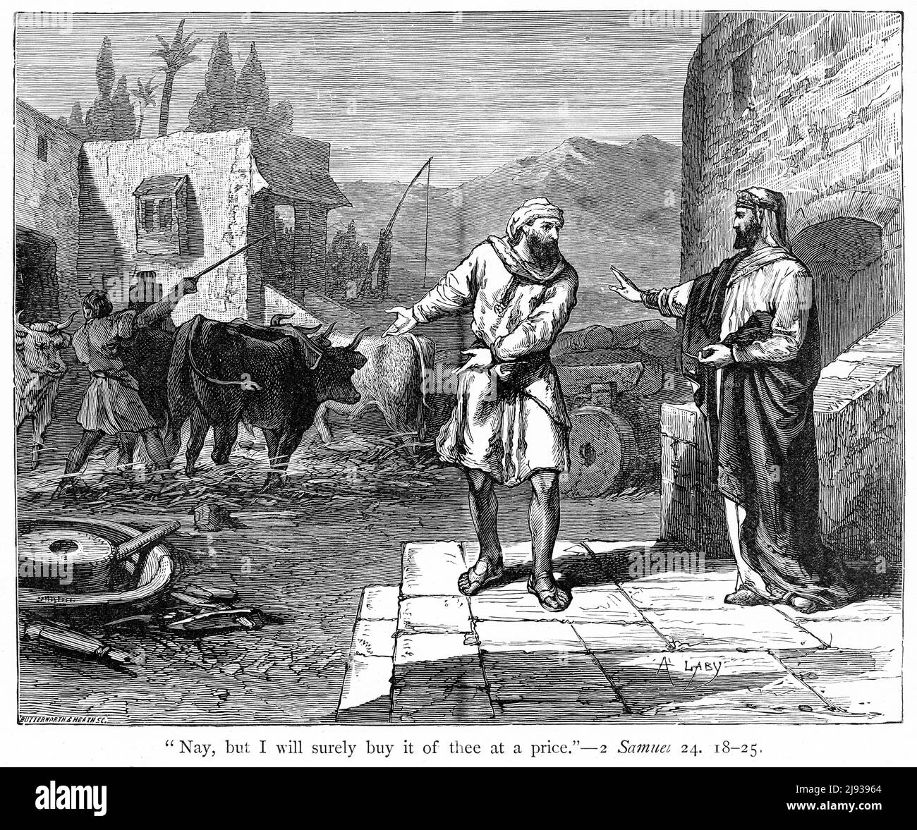 Gravure du roi David achetant le plancher de battage d'Arauna le Jébusite - I Samuel 24:18-24 Banque D'Images