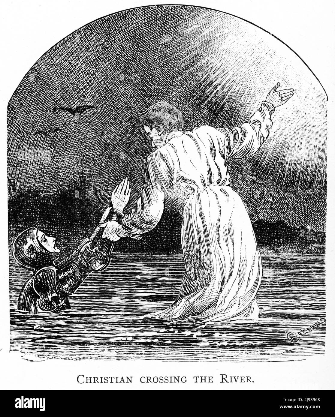 Gravure de Christian traversant le fleuve de la mort, une des dernières scènes dans le progrès de Pilgrim par John Bunyan Banque D'Images
