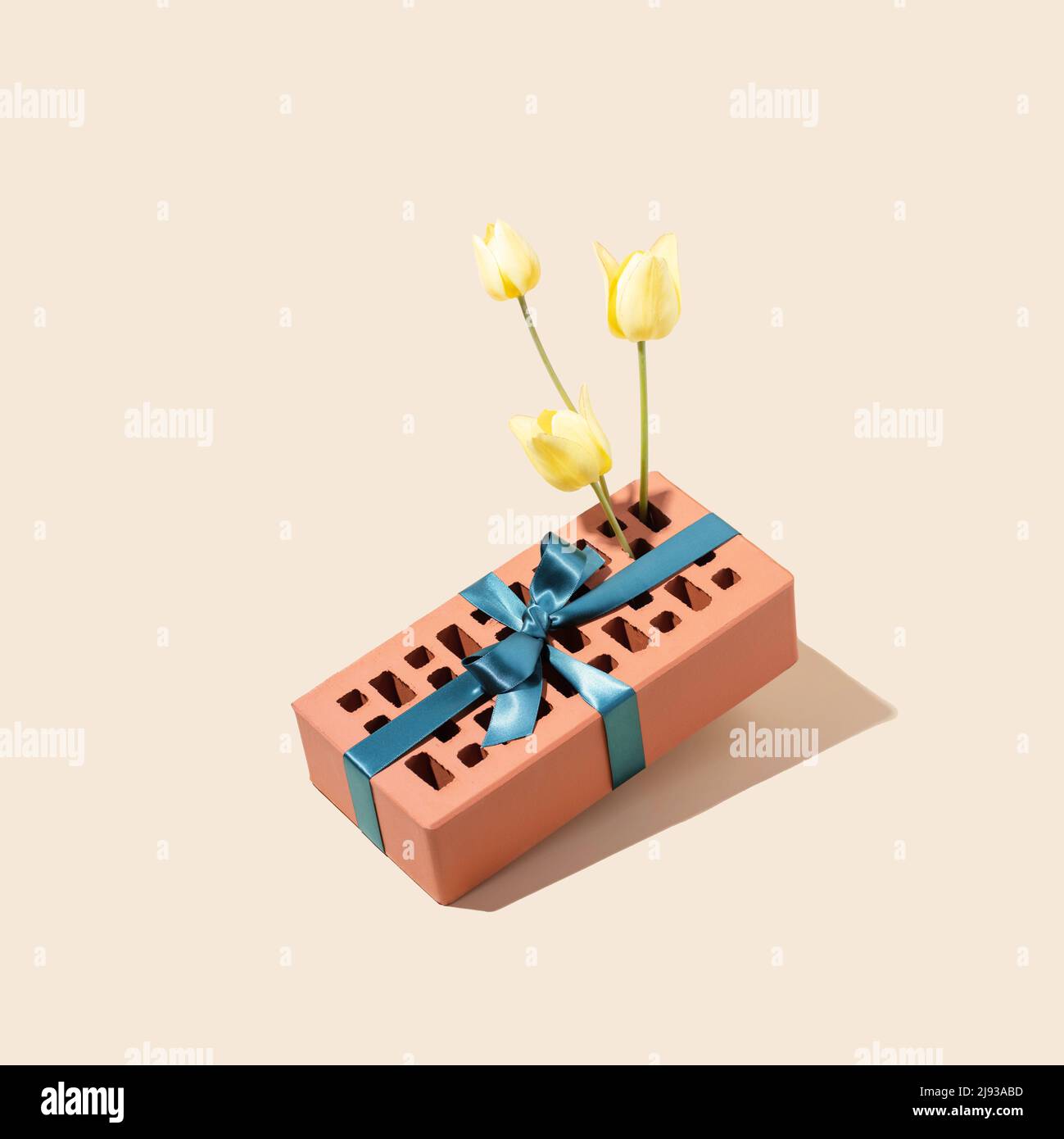 Image conceptuelle de la brique céramique ruban bleu attaché avec trois tulipes jaunes. Concept de reconstruction. Banque D'Images