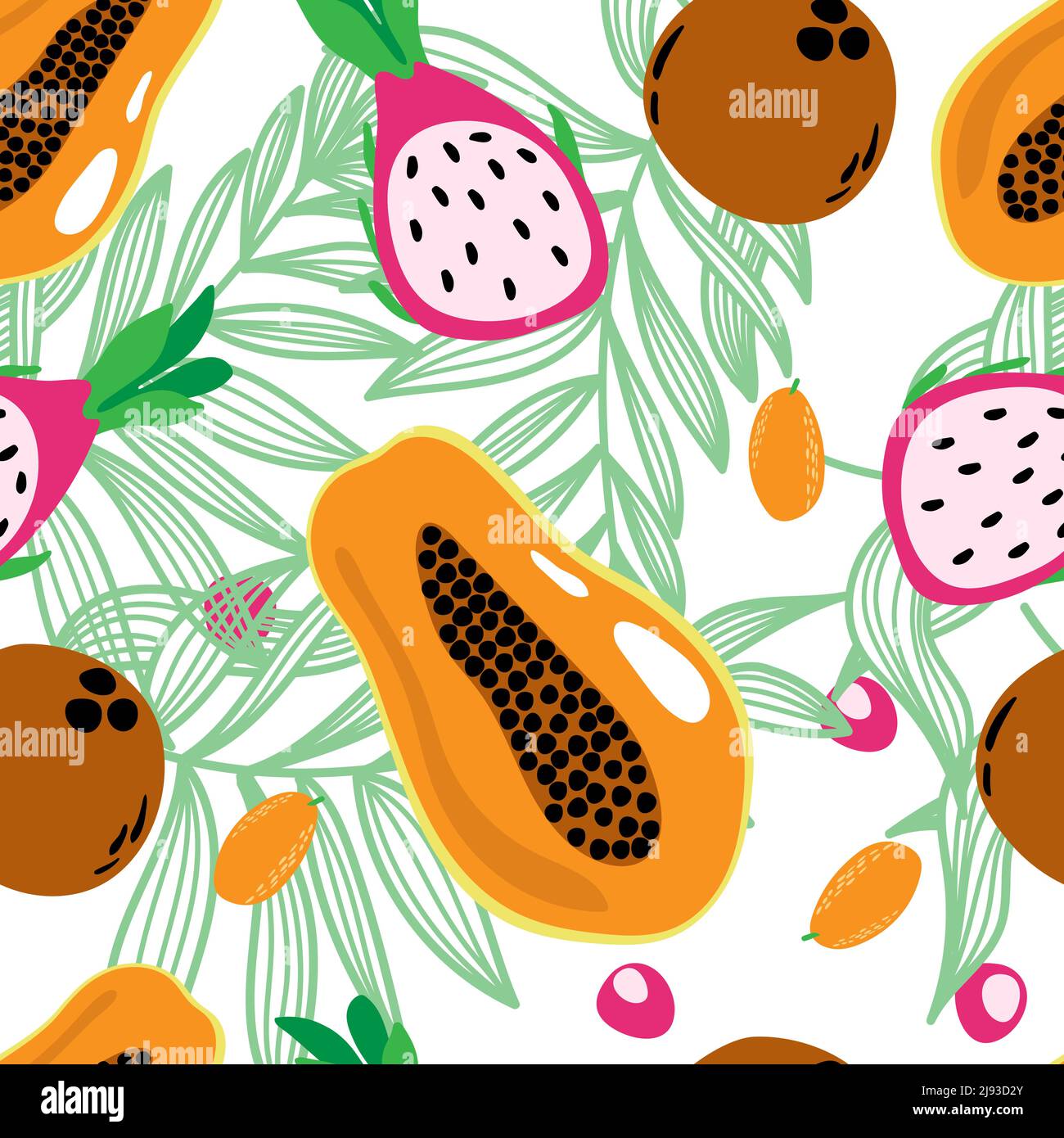 Motif sans couture de fruits et de feuilles exotiques, illustration vectorielle d'été dans un style de dessin animé. Pitaia, noix de coco et papaye. Motif été brillant Illustration de Vecteur