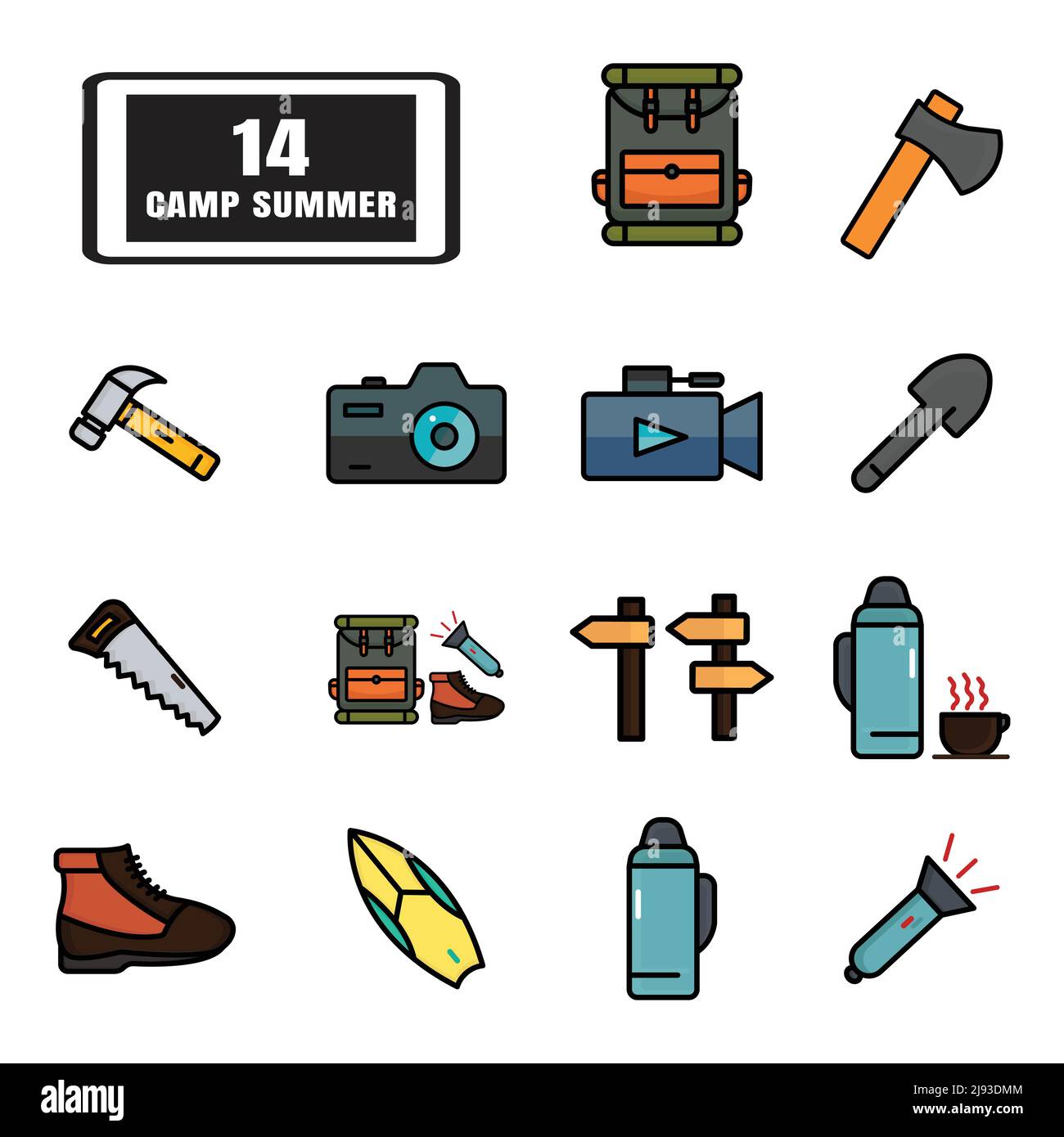 Vecteur de jeu d'icônes camp d'été. Style d'icône de ligne pleine. Conception simple modifiable. Concevoir une illustration simple Illustration de Vecteur