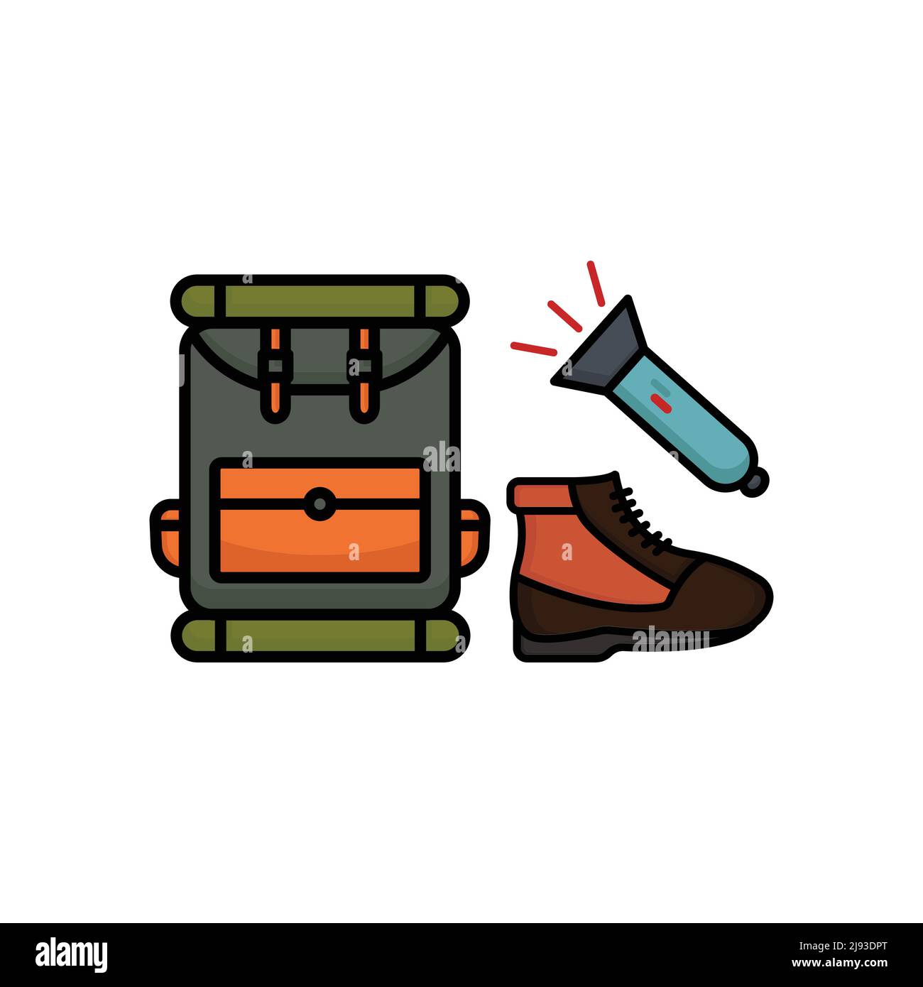 Camping accessoires icône vecteur. Sacs, lampes de poche, chaussures. Style d'icône de ligne pleine. Conception simple modifiable. Concevoir une illustration simple Illustration de Vecteur