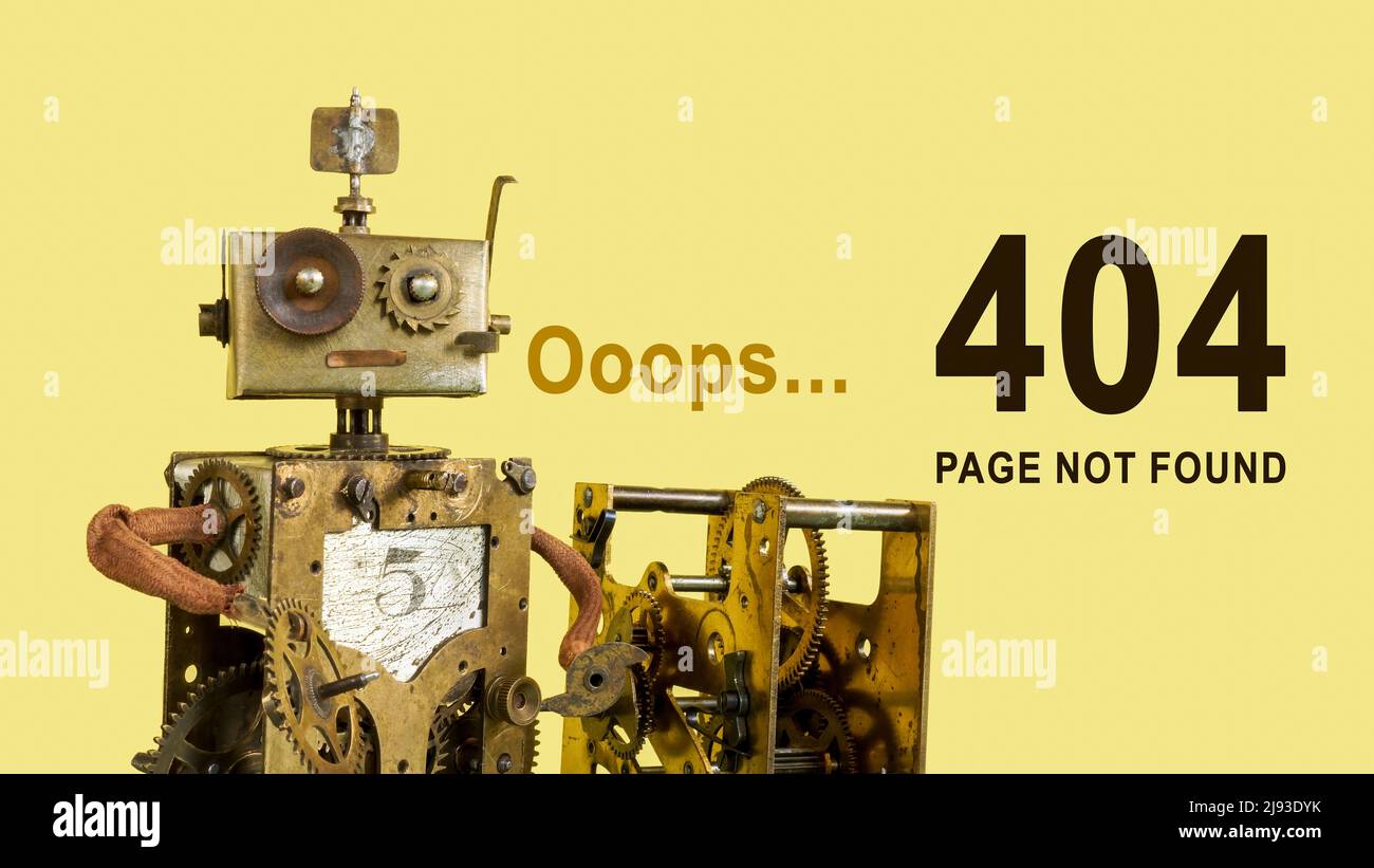 Robot drôle avec pièces mécaniques et signe 404 page non trouvé. Banque D'Images