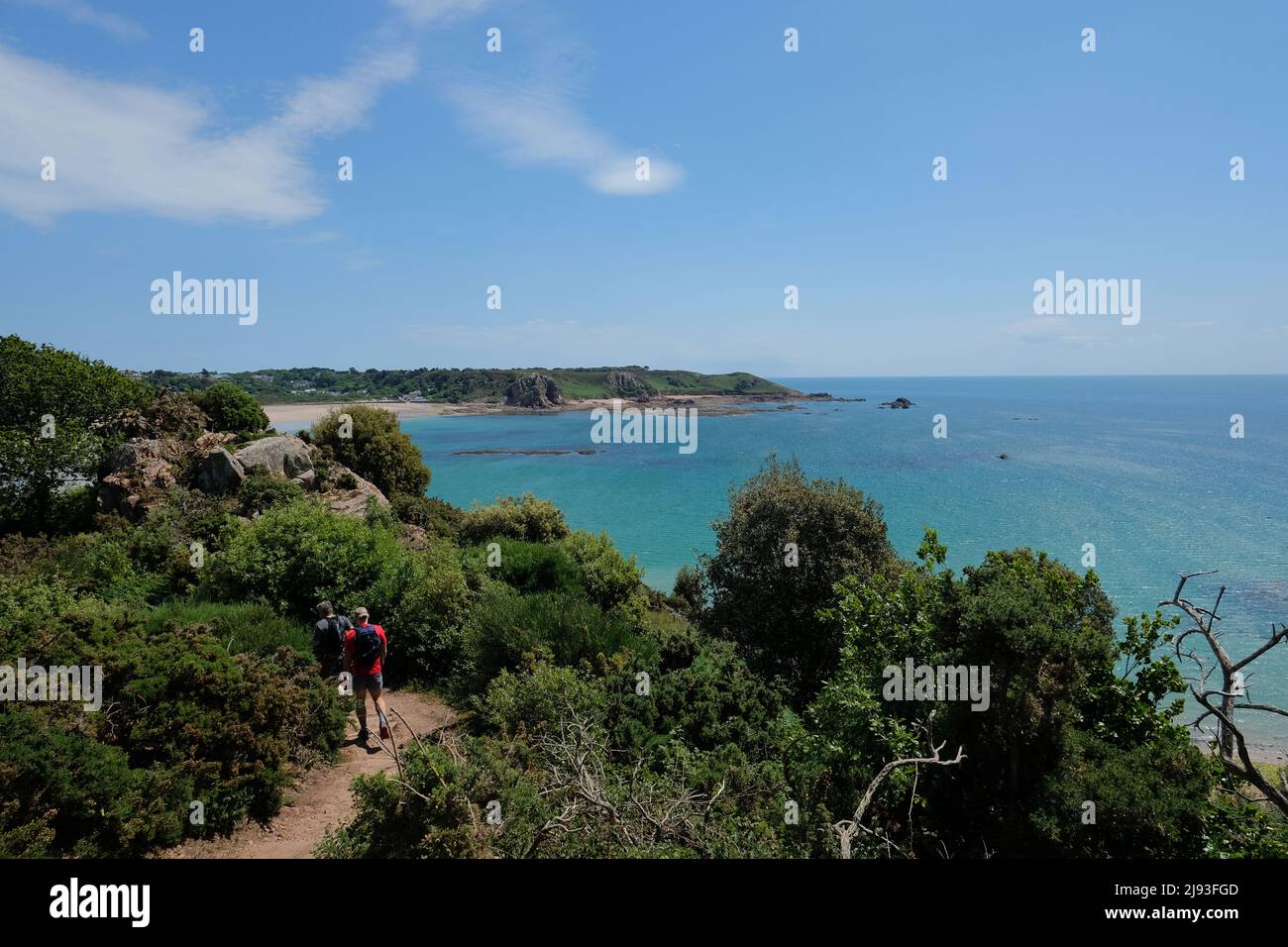 Deux randonneurs sur un chemin côtier le long des falaises entre la baie de St Brelades et la plage de Beauport, Jersey, surplombant la mer à la baie de St Brelades Banque D'Images