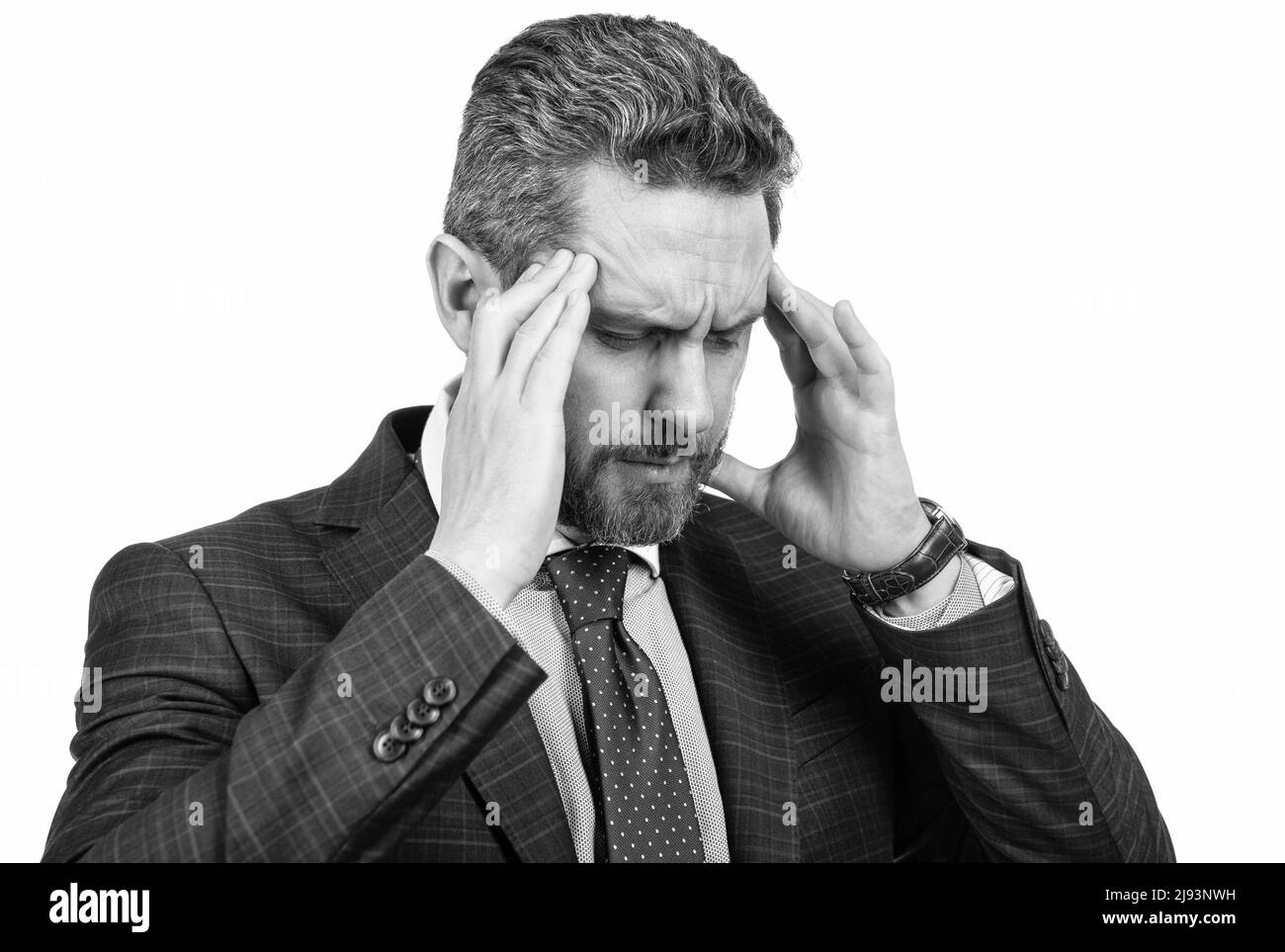 Sa tête est mal. Manager souffrent de douleurs de migraine. Attaque de maux de tête. Maux de tête de tension Banque D'Images