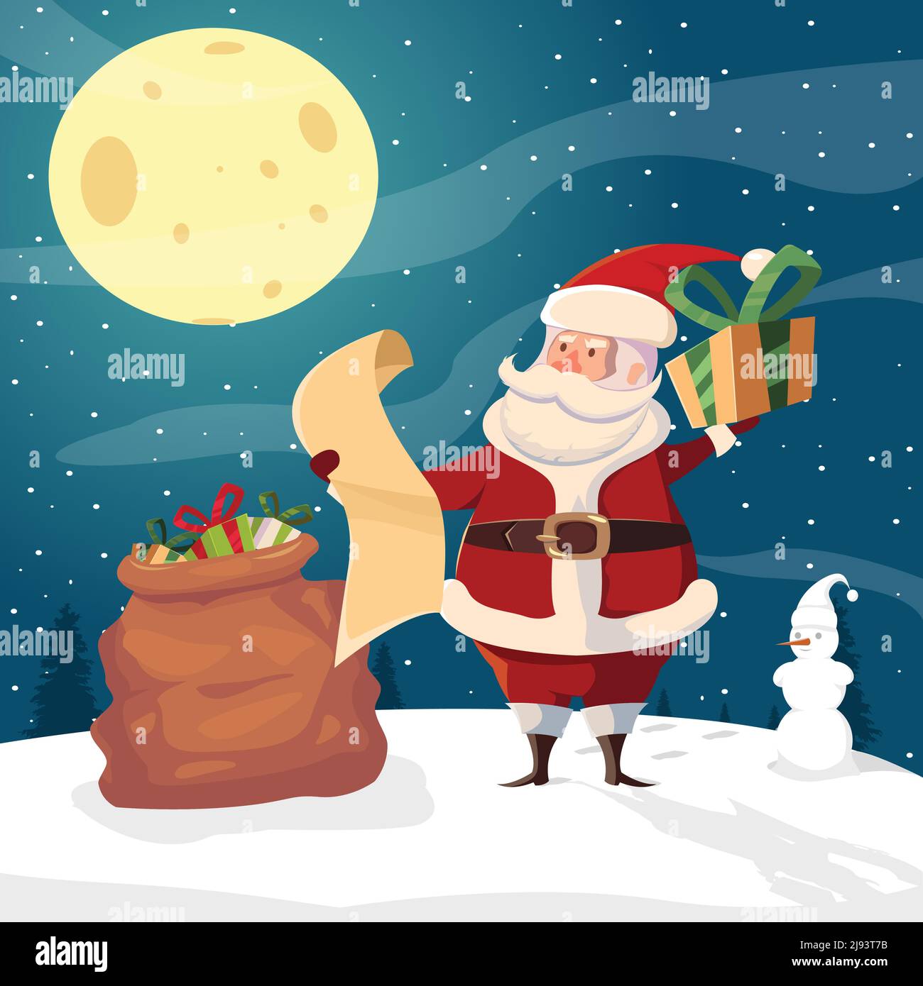 Fond plat avec personnage de dessin animé drôle du Père Noël dans la neige forêt avec cadeaux sac lune et illustration de vecteur bonhomme de neige Illustration de Vecteur