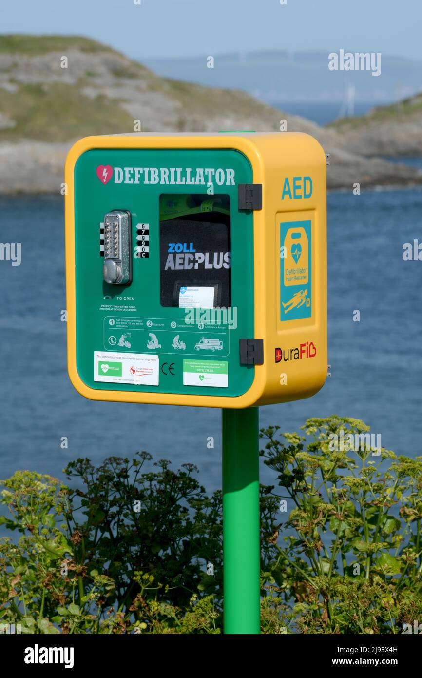 Défibrillateur installé surplombant la plage, la mer et les falaises au point de vue clé de Gower, pays de Galles, à Bracelet Bay. Banque D'Images
