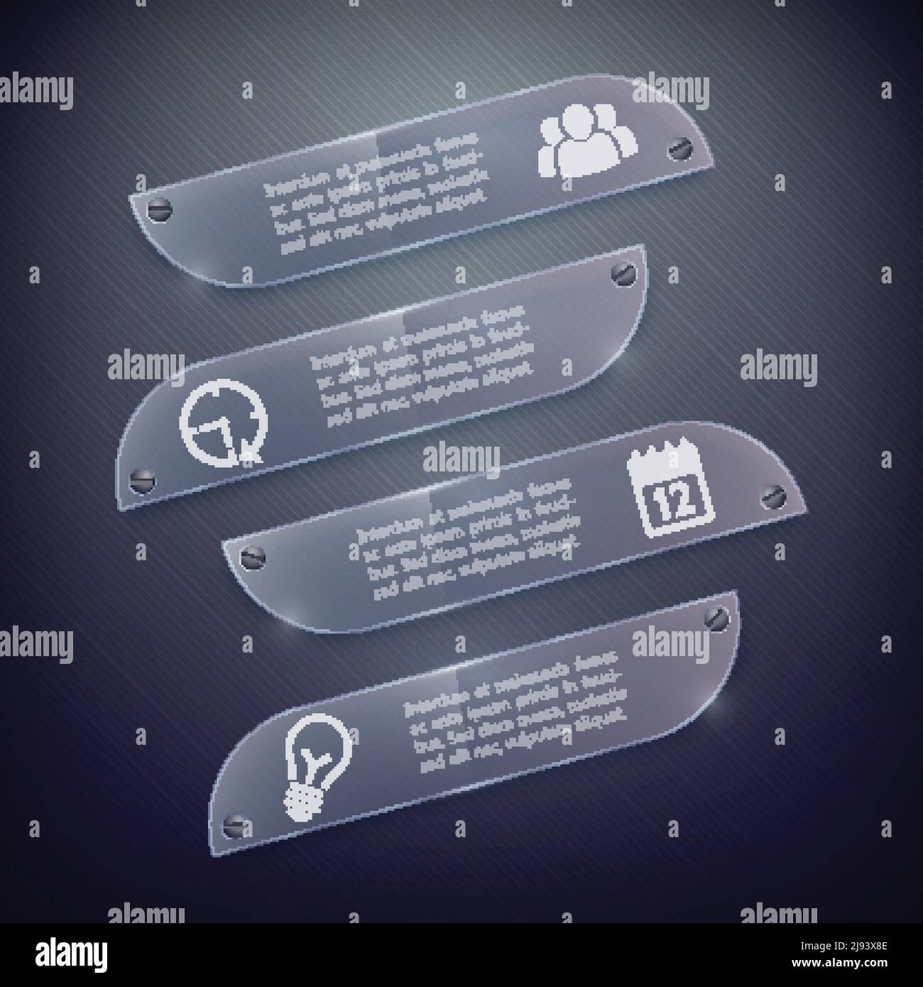 Bannières horizontales en verre pour infographie d'entreprise avec texte et icônes illustration vectorielle isolée à arrière-plan rayé foncé Illustration de Vecteur