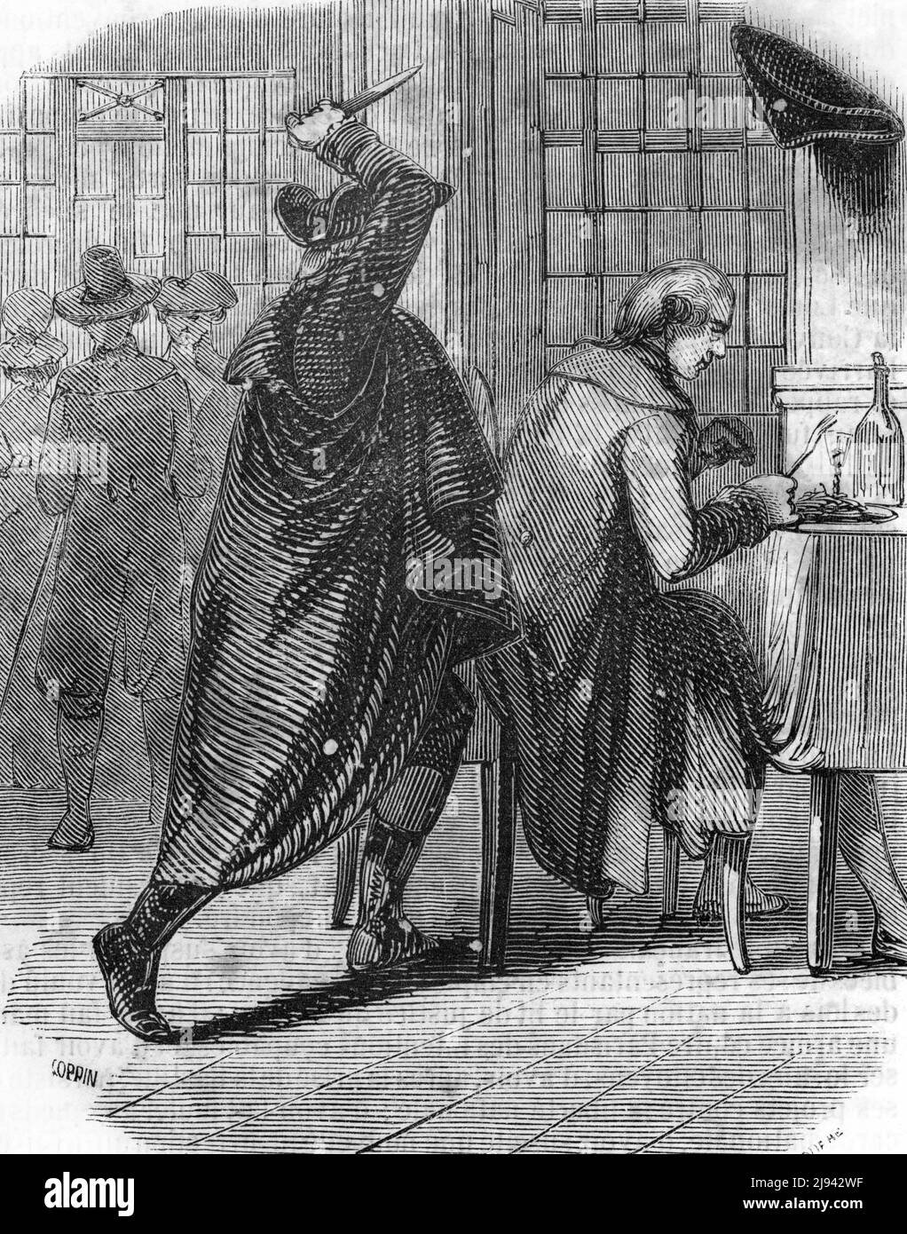 Assassinat de Louis-Michel Lepeloutier de Saint-Fargeau (1760-1793) par un ancien garde du roi, Philippe Nicolas Marie de Paris (1763-1793) le 20 janvier 1793 (décès de Louis-Michel le Peletier, marquis de Saint Fargeau tué dans un restaurant du Palais Royal par Philippe Nicolas Marie de Paris, Membre de la Garde du corps, 20th janvier 1793) Gravure tiree de 'Histoire de France' de Germain Sarrut 1854 Collection privee Banque D'Images