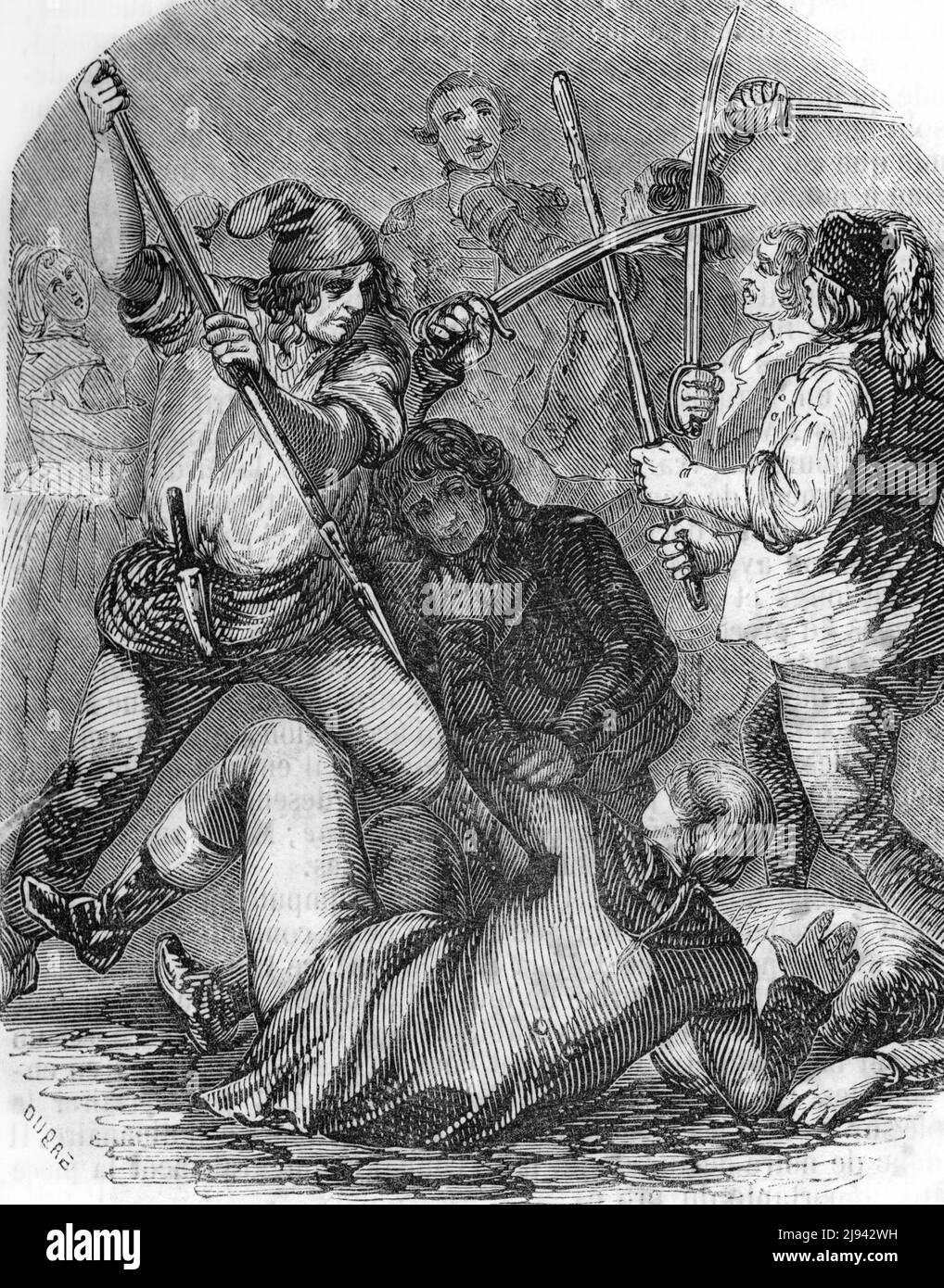 Révolution francaise, massacres de septembre : exécutions de royalisttes, belles réfractaires dans les prisons parisiennes par les septembriseurs début septembre 1792, pris par la panique provoque par l'invasion austro-prussienne - (les massacres de septembre ont été une série de meurtres de prisonniers à Paris qui ont eu lieu en 1792, à partir du dimanche, Du 2 septembre au jeudi 6 septembre, pendant la Révolution française , la moitié de la population carcérale de Paris a été tuée par des fédérateurs, des guardeurs et des sans-coupables, avec le soutien de gendarmes chargés de la surveillance des tribunaux et des prisons) Gravure tiree Banque D'Images