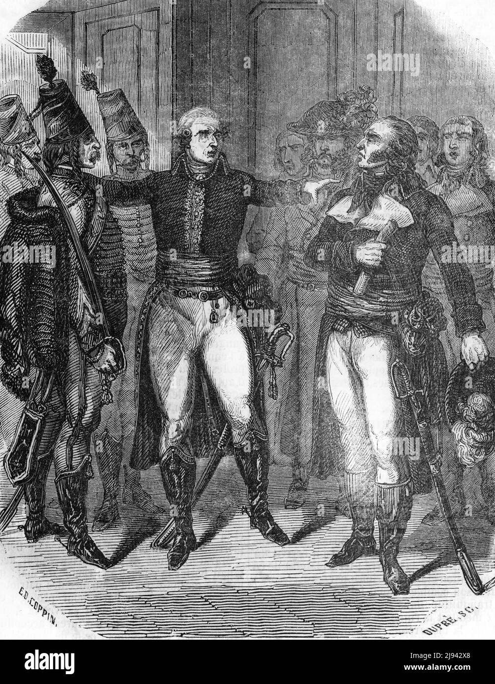 'Charles François Dumouriez (1739-1823) a arrêté les deputes François Lamarque, Armand-Gaston Camus, Nicolas-Marie Quinette, Jean Henri Bancal des Issarts et le ministre de la guerre Pierre Riel de Beurnonville avril 179' (Charles François Dumouriez arrête les quatre commissaires adjoints de la Convention nationale qui avaient été envoyés pour enquêter sur sa conduite (Camus, Bancal-des-Issarts, Quinette et Lamarque) ainsi que le ministre de la guerre, Pierre Riel de Beurnonville avril 1793) Collection Gravure tide 'Histoire de France' de Germain sarvee 1854 Banque D'Images