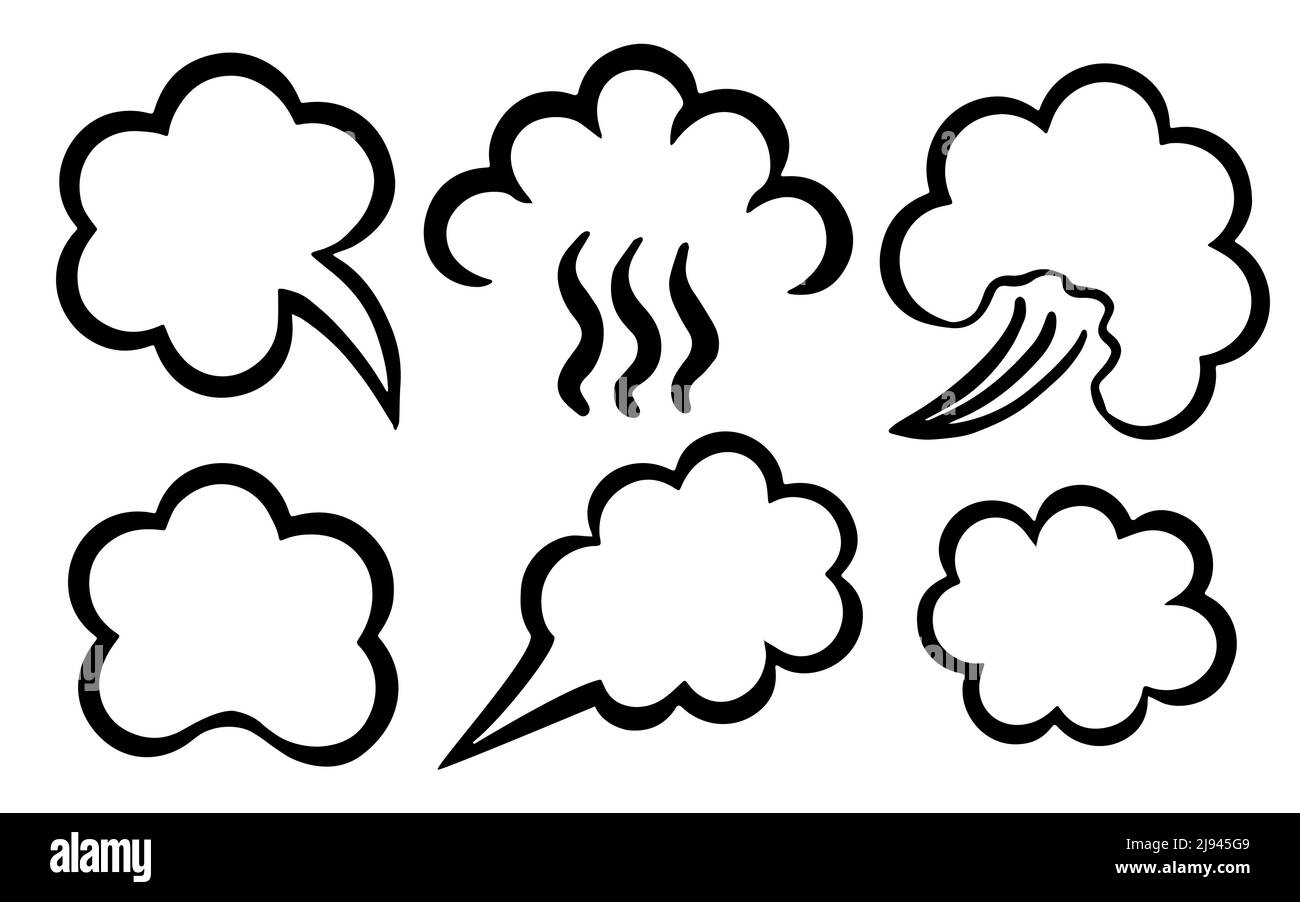 Esquissez des nuages de vapeur de différentes formes. Vapeur VAPE. Ballons de discours vides, pictogrammes. 3d illustration vectorielle réaliste. Illustration de Vecteur