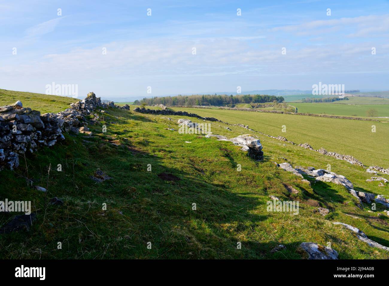 Vestiges d'anciens murs en pierre et de murs modernes en pierre sèche traversant Minninglow Hill dans le Derbyshire. Banque D'Images