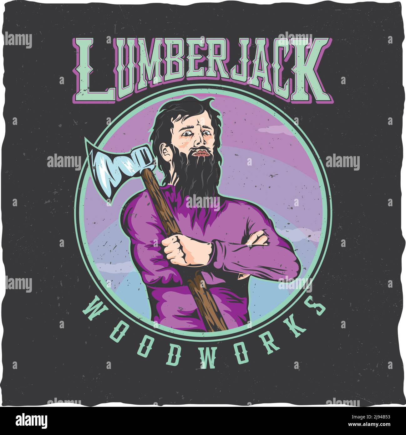 Lumberjack woodworks étiquette design poster avec un homme avec une hache sur son illustration de vecteur d'épaule Illustration de Vecteur