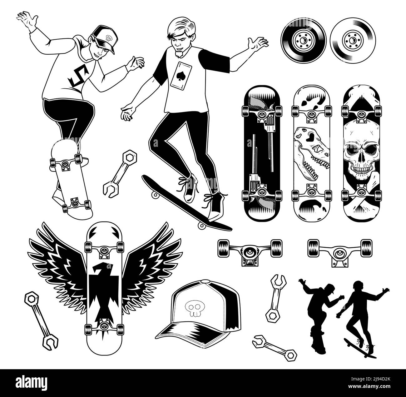 Ensemble d'éléments de skateboard pour créer vos propres badges, logos, étiquettes, affiches, etc. Isolé sur blanc. Illustration de Vecteur