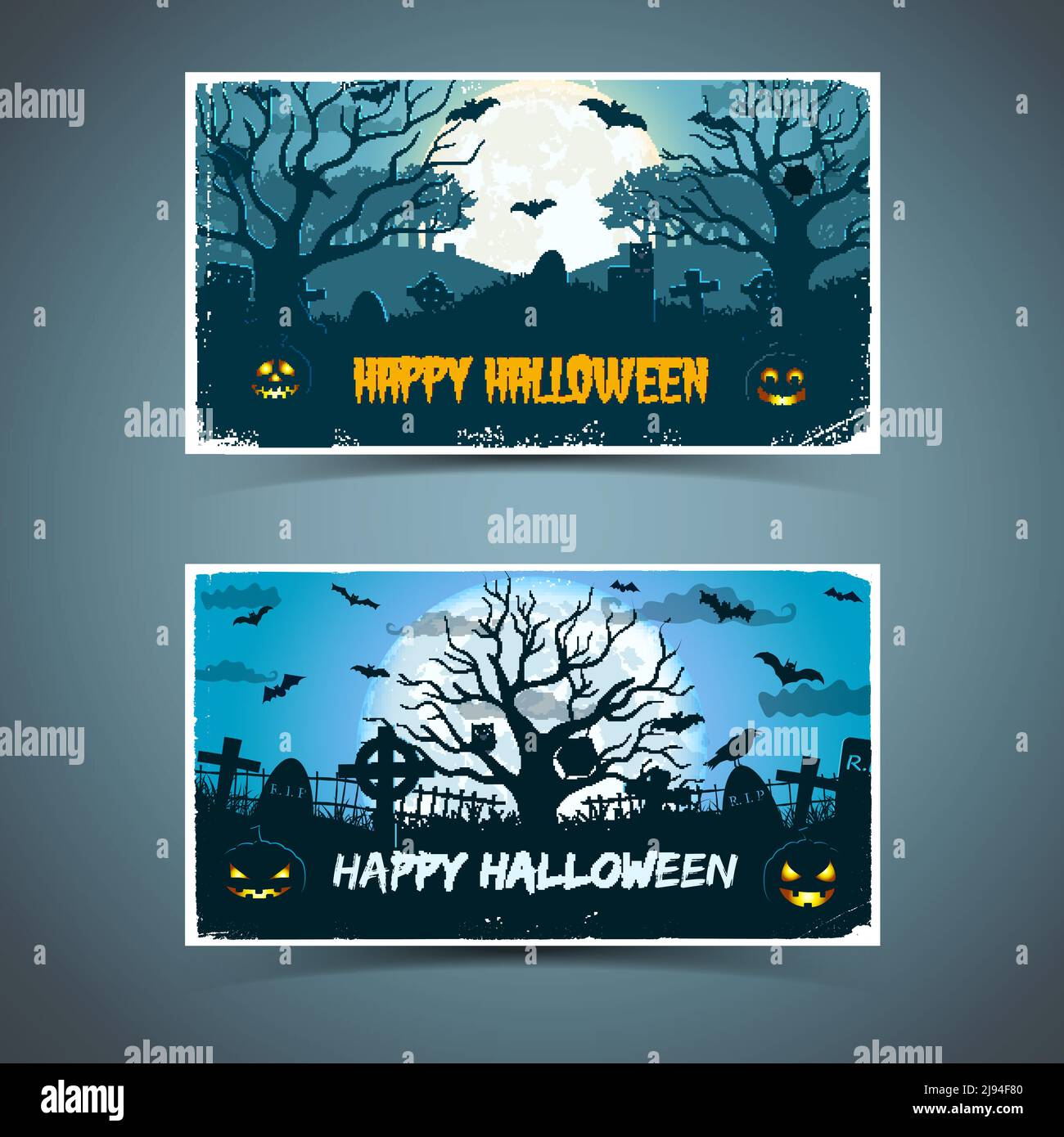 Joyeux halloween bannières avec cadre blanc animaux vieux arbres cimetière sur fond de lune énorme illustration vectorielle isolée Illustration de Vecteur