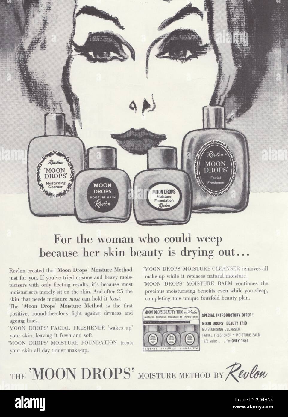 Revlon Moon Drops humidité baum base visage Freshner Revlon hydratant revlon crème vintage papier annonce publicitaire 1980s 1970s Banque D'Images