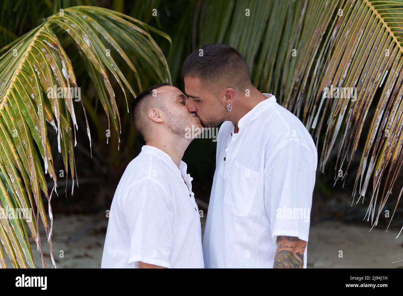 Couple gay en t-shirt blanc embrassant à côté d'un palmier Banque D'Images