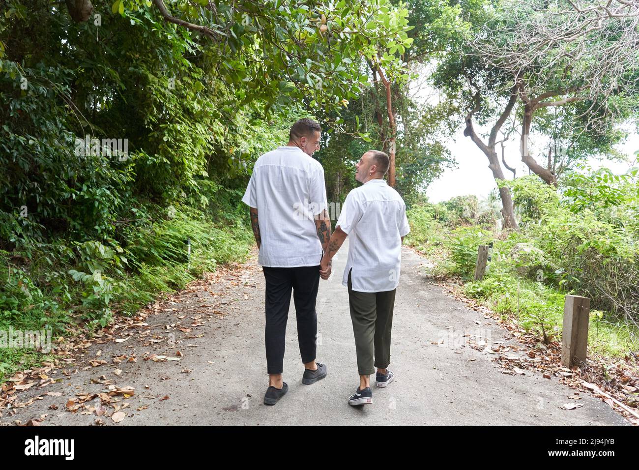Couple gay se promenant le long d'un chemin de forêt tropicale tenant les mains Banque D'Images