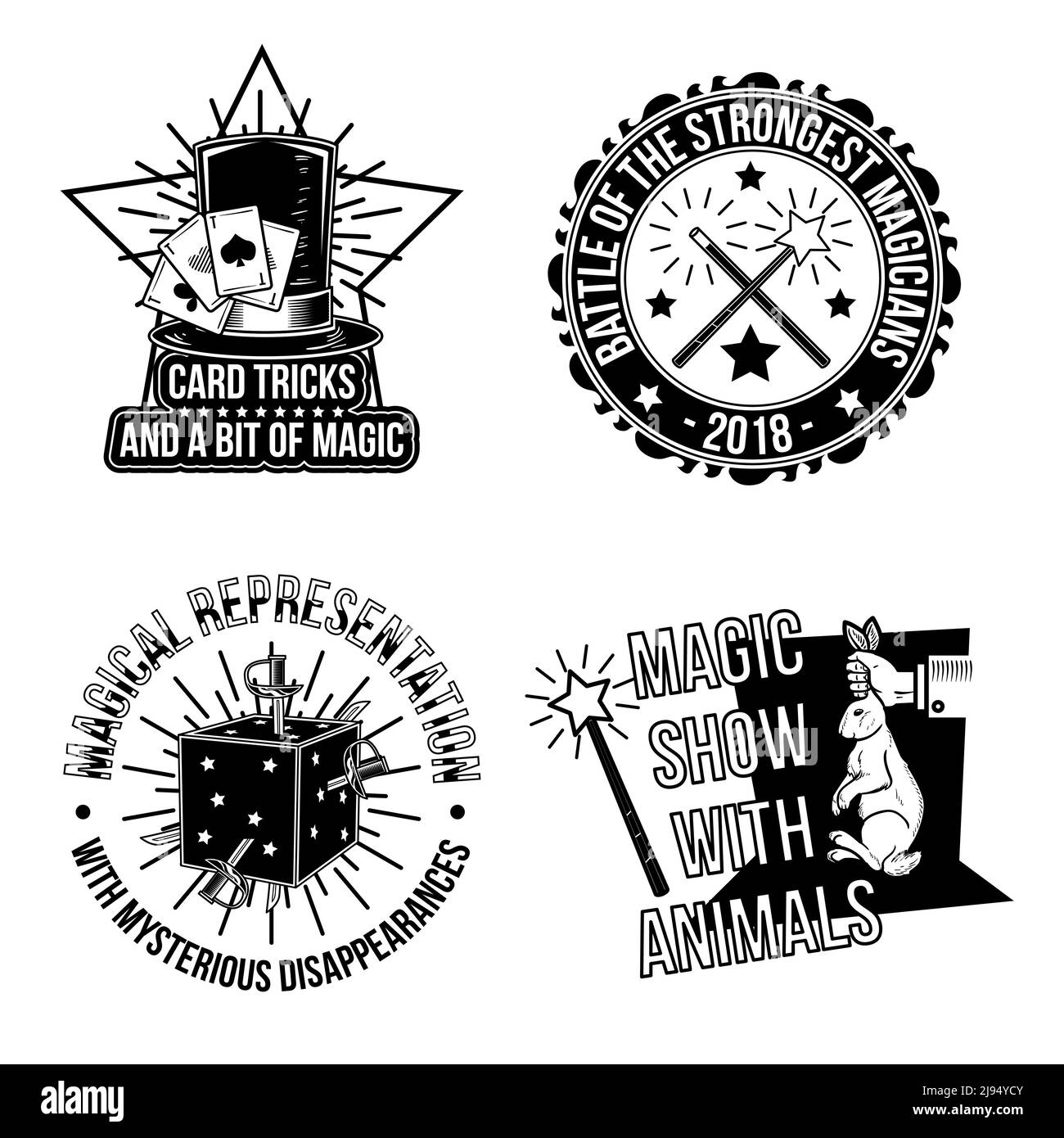 Ensemble d'emblèmes, d'étiquettes, de badges, de logos magiques. Isolé sur blanc. Illustration de Vecteur