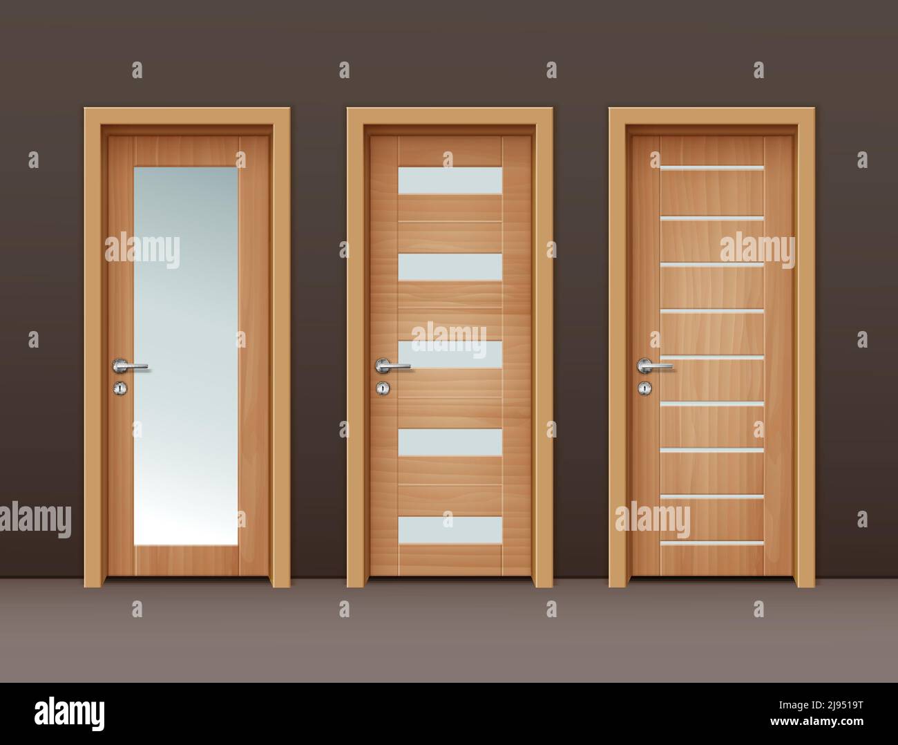 Portes en bois modernes Vector avec verre dans un style éco-minimaliste mur de couleur marron Illustration de Vecteur