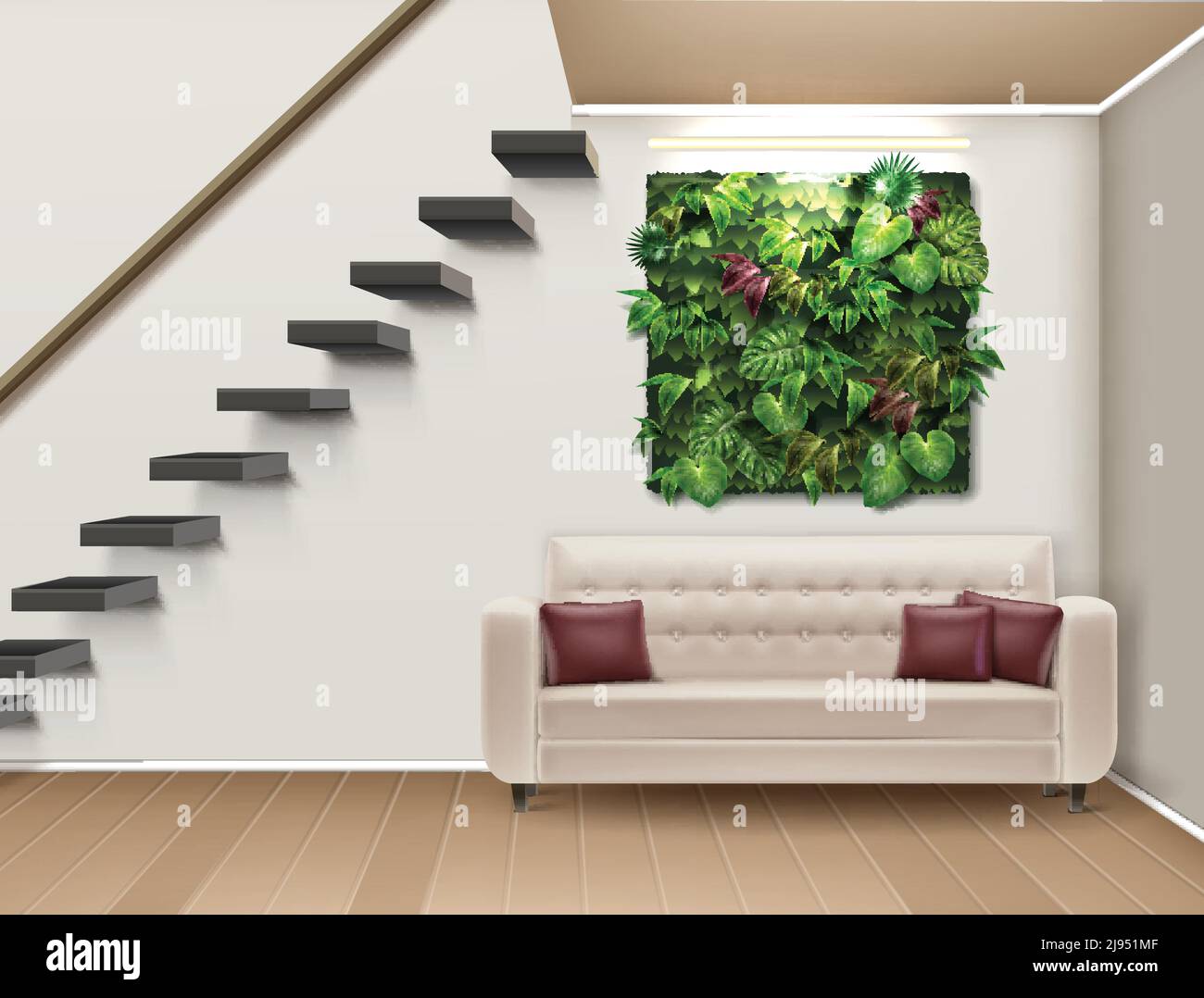 Illustration vectorielle de la décoration intérieure avec un jardin vertical, un canapé et un escalier moderne. Style éco-minimaliste Illustration de Vecteur