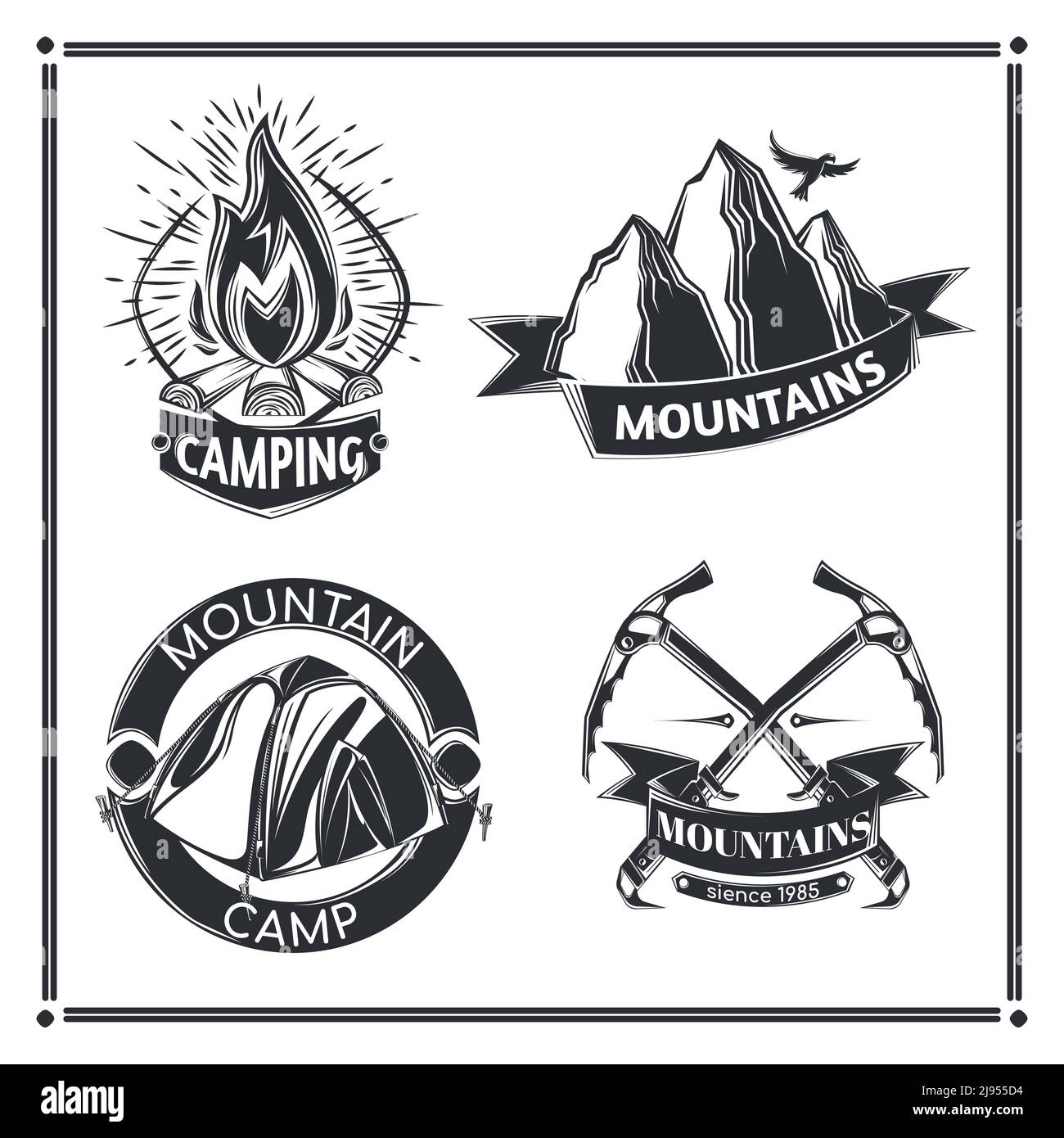 Ensemble d'emblèmes, étiquettes, badges, logos de camping. Isolé sur blanc Illustration de Vecteur