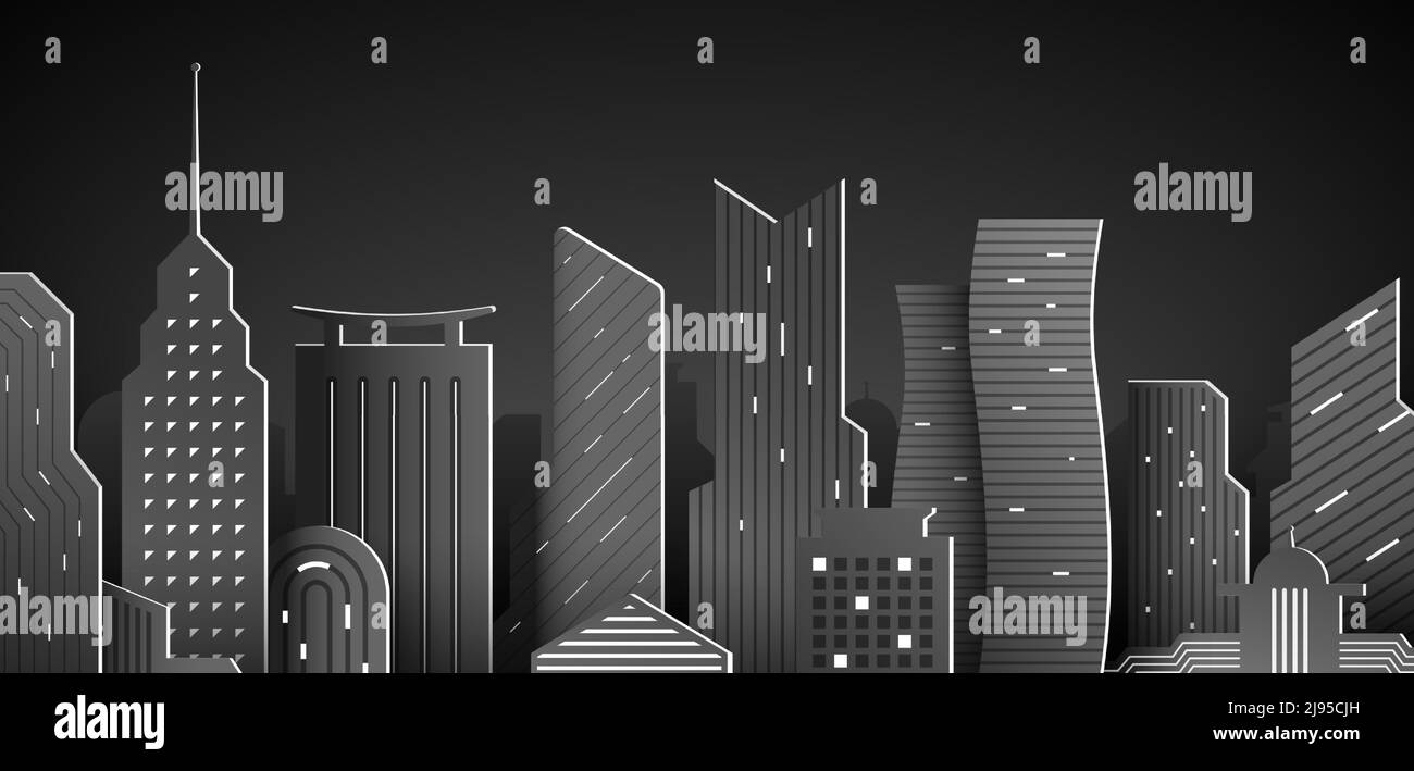 Horizon nocturne du centre-ville avec gratte-ciel et lumières de fenêtre, arrière-plan vectoriel sombre de modèle de papier architectural. Illustration de Vecteur