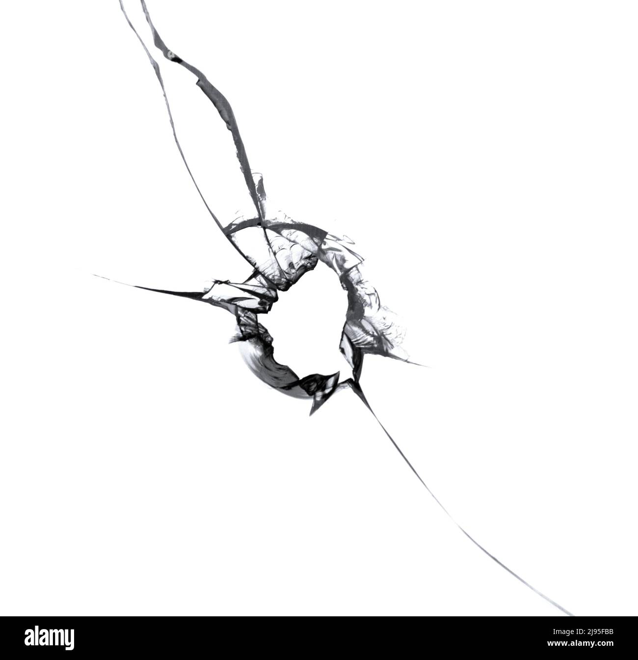 Texture de verre brisé, trou dans la fenêtre, fissures isolées sur fond blanc. Banque D'Images