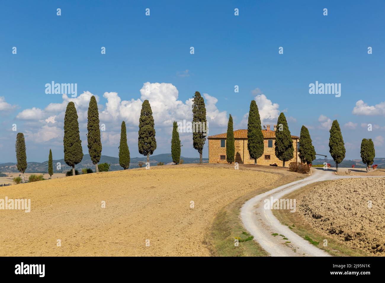 Paysage typique de la toscane : une route, des cyprès et une villa Banque D'Images