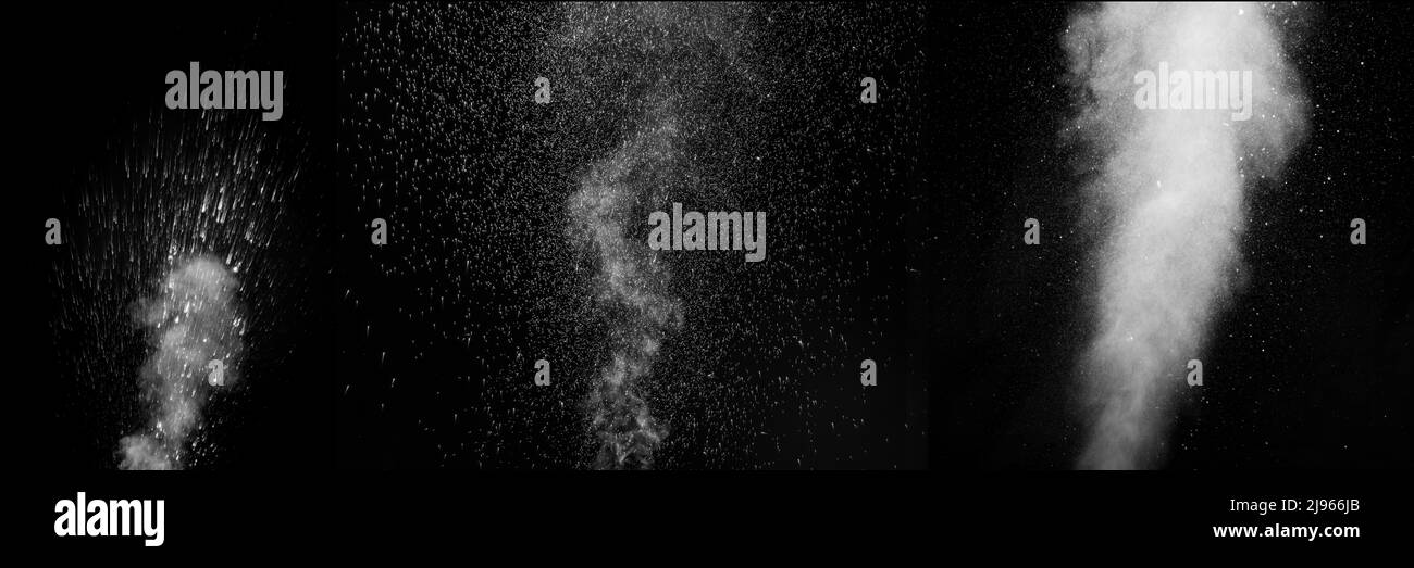 Ensemble de différentes éclaboussures de vapeur et d'eau bouclés, isolées sur fond noir. Arrière-plan abstrait, élément de conception. Évaporation de liq Banque D'Images