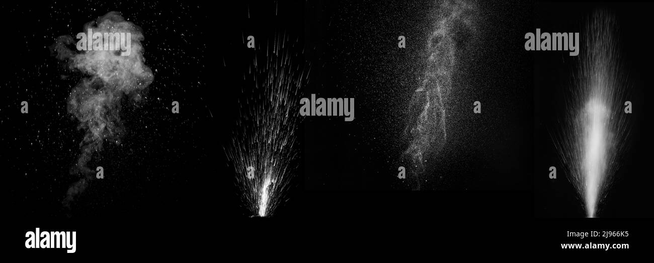 Ensemble de différentes éclaboussures de vapeur et d'eau bouclés, isolées sur fond noir. Arrière-plan abstrait, élément de conception. Évaporation de liq Banque D'Images