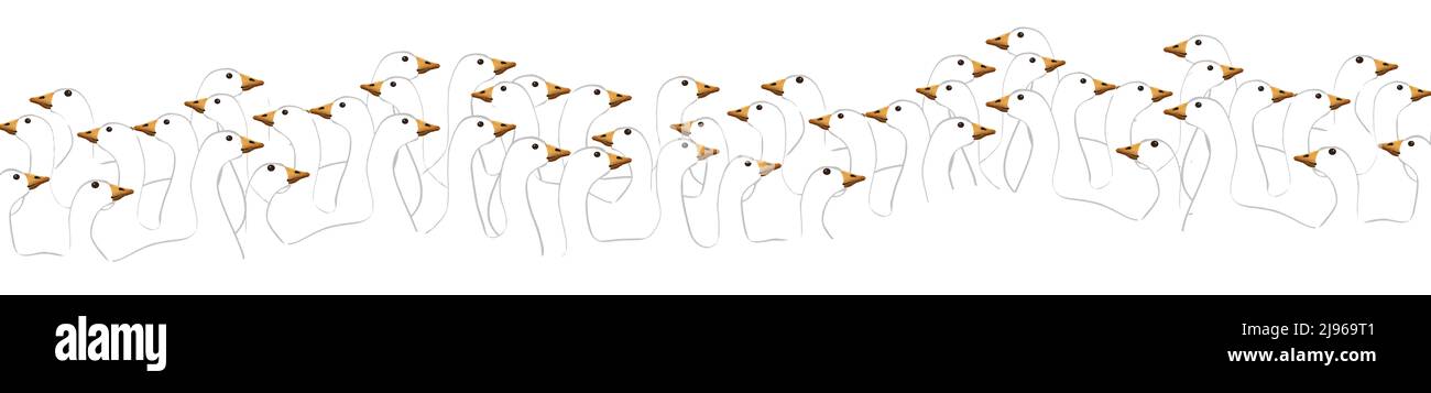 Les oies blanches sont en alerte dans ce portrait graphique des oies domestiques sur la neige . Voici une illustration en 3 jours. Banque D'Images