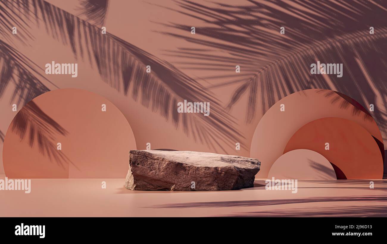 Podium, scène minimale avec formes organiques. Podium en pierre sur fond rose. Les ombres des feuilles frappent la paroi cylindrique. Plate-forme en pierre. Banque D'Images