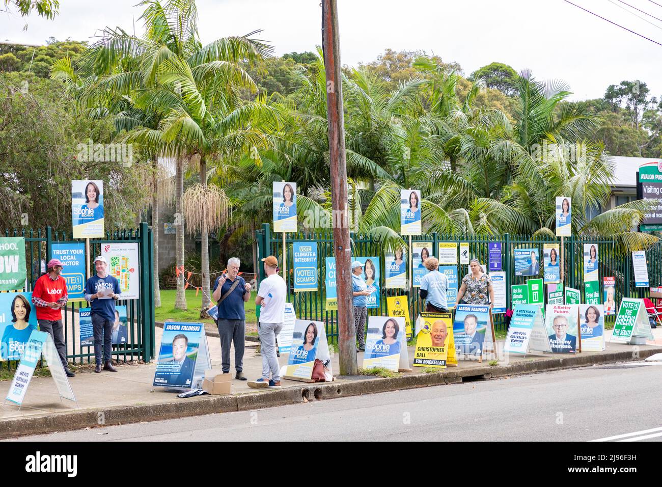 Jour du scrutin des élections fédérales australiennes. Les Australiens, qui sont au siège de Mackellar, se dirigent vers les sondages à l'école primaire d'Avalon Beach , pour voter aux élections fédérales. Mackellar, au nord de Sydney, est détenu par le député libéral Jason Falinski. De nombreux bénévoles politiques se rassemblent autour de l'entrée du bureau de vote. Le vote se termine à 6pm ce soir. Samedi 21st mai 2022. Credit Martin Berry@alamy Actualités en direct. Banque D'Images