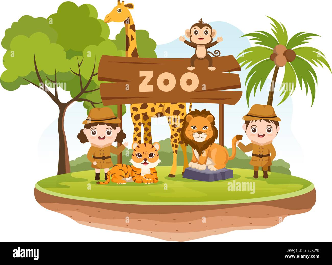 Illustration du dessin animé du zoo avec les animaux de safari éléphant, girafe, Lion, singe, Panda, Zebra et visiteurs sur le territoire sur fond de forêt Illustration de Vecteur