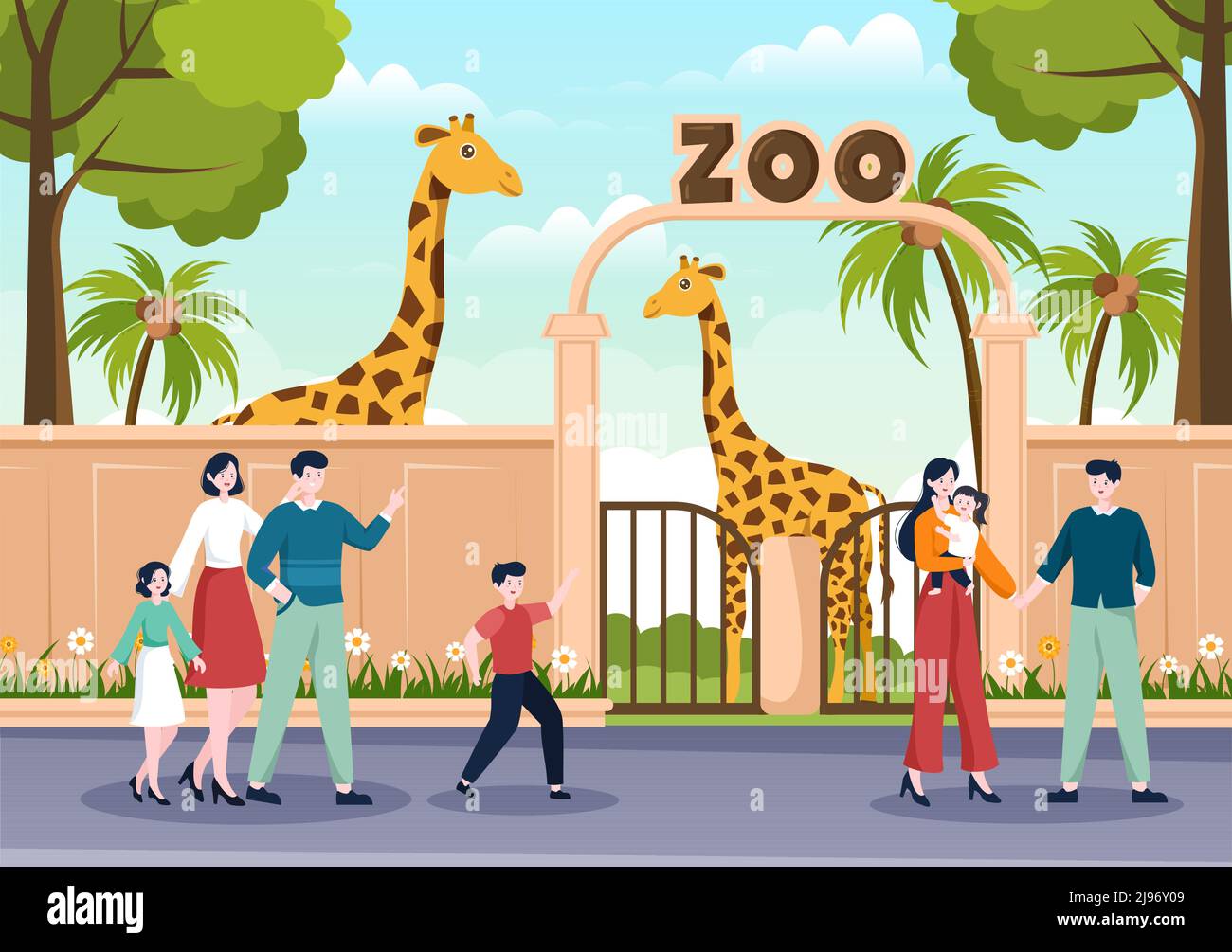 Illustration du dessin animé du zoo avec Safari Animals Giraffe, cage et visiteurs sur le territoire sur fond de forêt Illustration de Vecteur