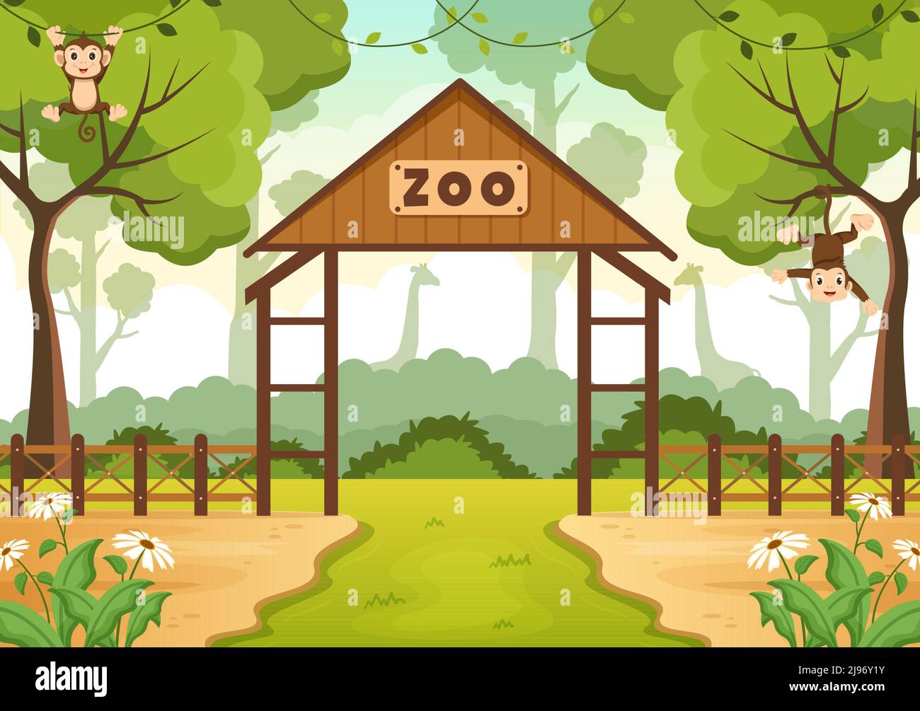 Illustration du dessin du dessin du zoo avec le singe des animaux de safari, la cage et les visiteurs sur le territoire sur la conception de fond de forêt Illustration de Vecteur