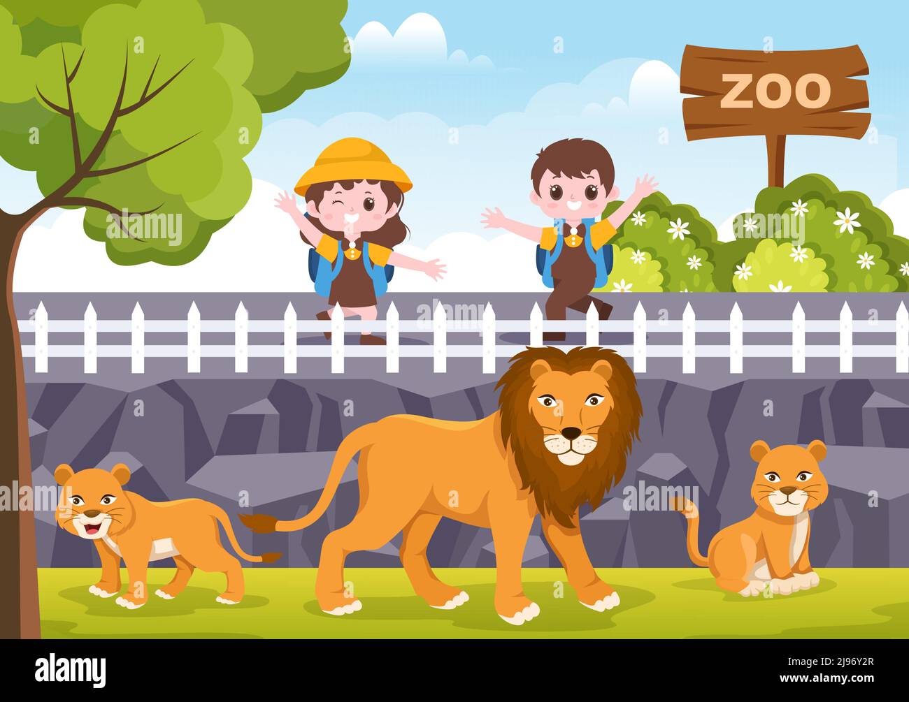 Illustration du dessin du zoo avec les animaux de Safari Lion, tigre, cage et visiteurs sur le territoire sur fond de forêt conception Illustration de Vecteur