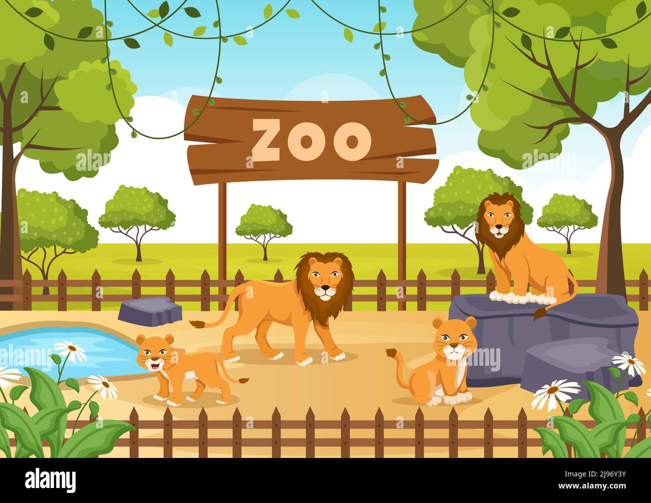 Illustration du dessin du zoo avec les animaux de Safari Lion, tigre, cage et visiteurs sur le territoire sur fond de forêt conception Illustration de Vecteur