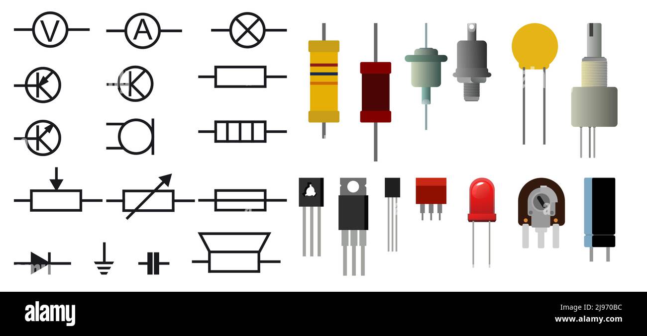 Ensemble de composants radio. Résistance, transistor, diode et condensateur. Circuit électronique de la radio. Désignation symbolique. Isolé sur fond blanc Illustration de Vecteur