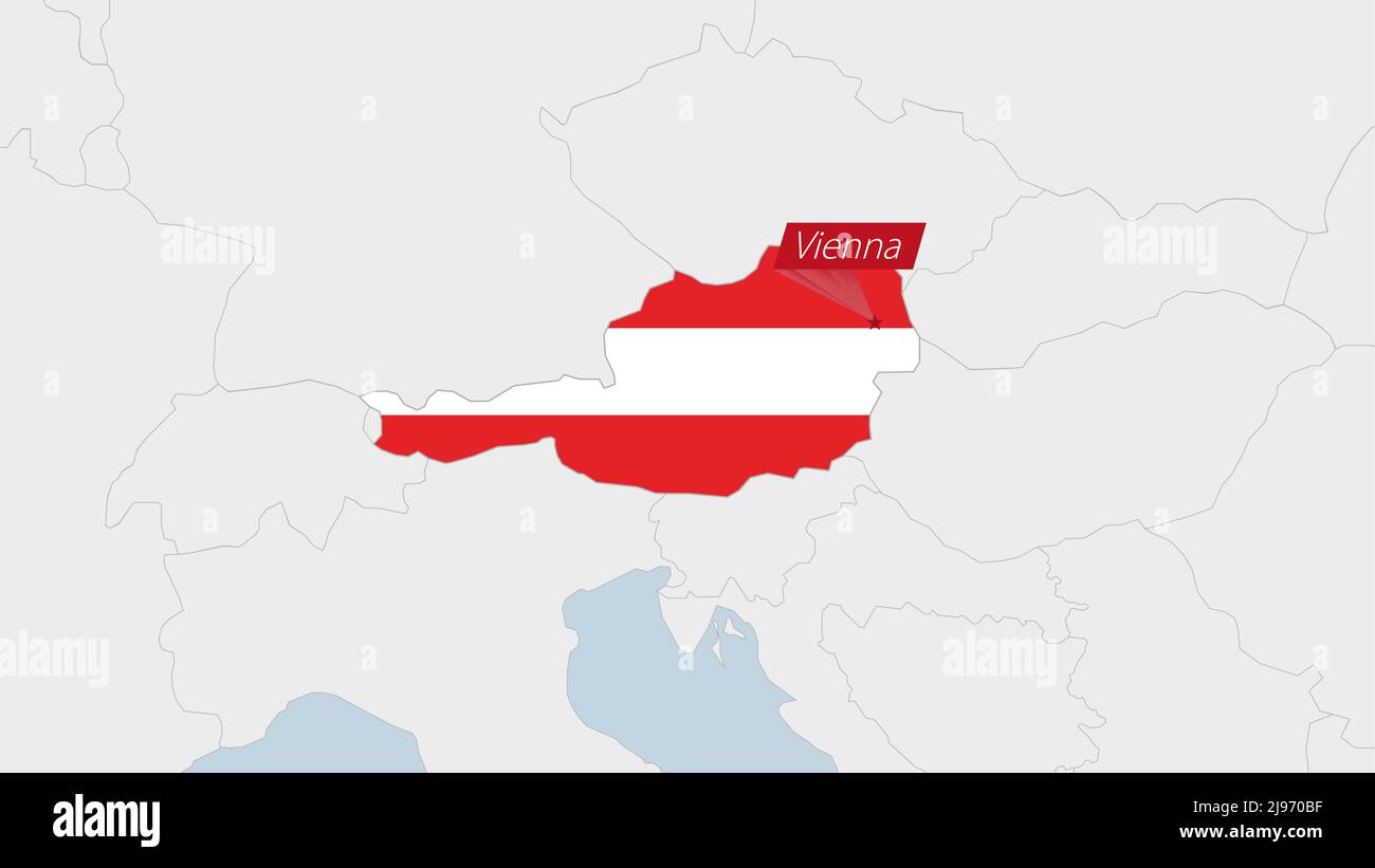 Carte de l'Autriche mise en évidence dans les couleurs du drapeau de l'Autriche et la broche de la capitale du pays Vienne, carte avec les pays européens voisins. Illustration de Vecteur