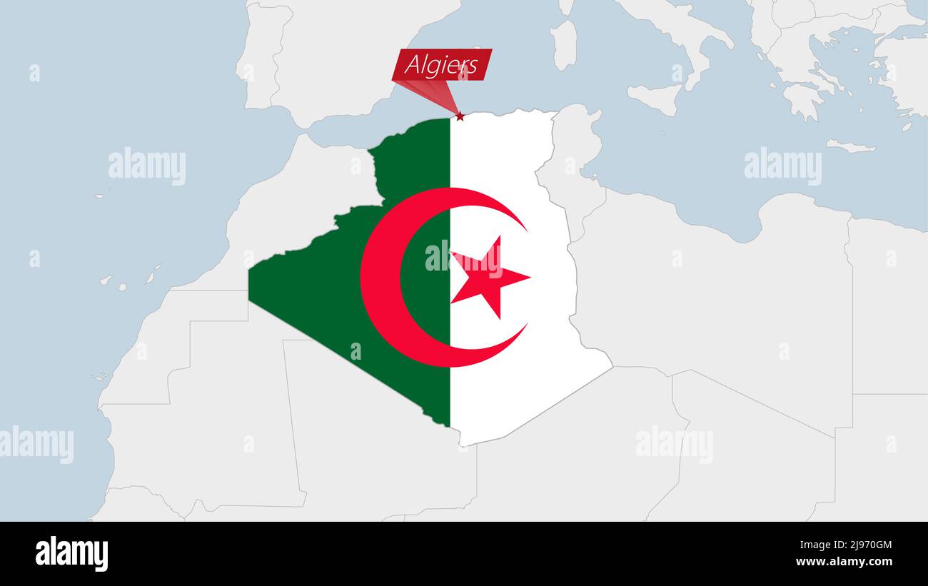 Algérie carte mise en évidence en Algérie drapeau couleurs et PIN de la capitale du pays Alger, carte avec les pays africains voisins. Illustration de Vecteur
