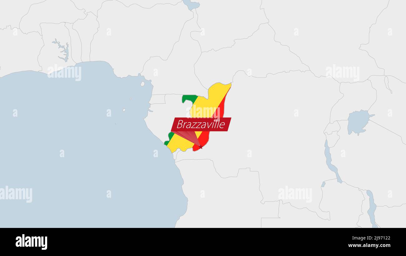 Carte du Congo mise en évidence dans les couleurs du drapeau du Congo et la broche de la capitale du pays Kinshasa, carte avec les pays africains voisins. Illustration de Vecteur