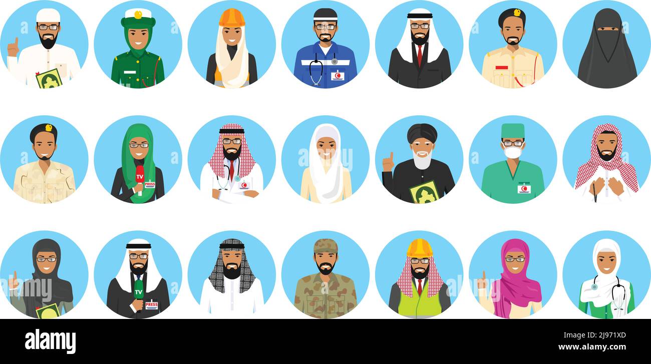 Ensemble de couleurs différentes personnes Moyen-Orient occupation personnages dans le style plat icônes. Illustration vectorielle. Illustration de Vecteur