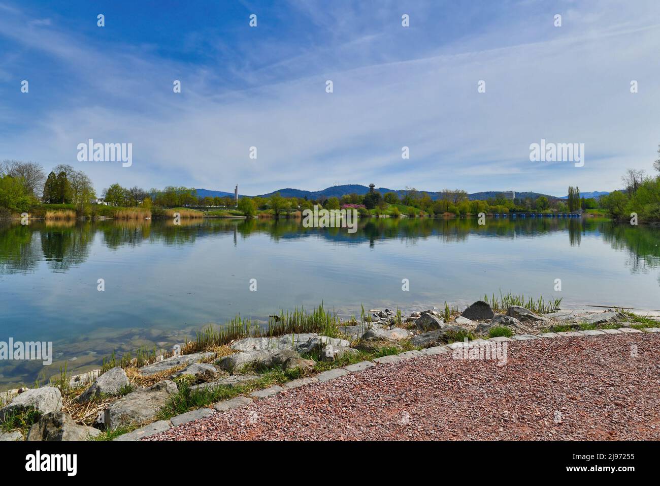 Fribourg, Allemagne - avril 2022 : lac dans un parc public appelé « Seepark » le jour ensoleillé du printemps Banque D'Images