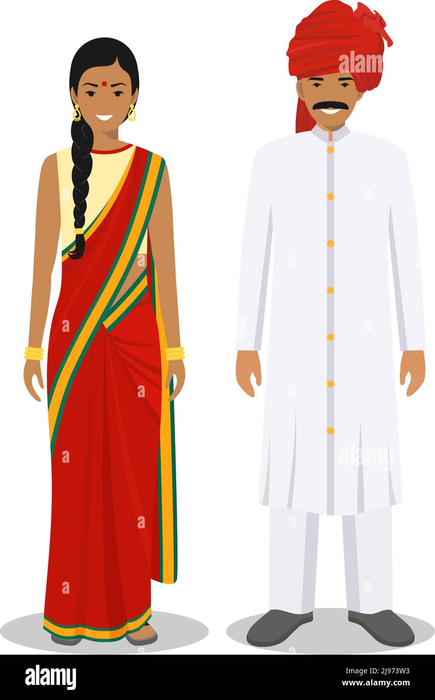 Illustration détaillée des Indiens debout dans les vêtements traditionnels indiens nationaux isolés sur fond blanc dans un style plat. Illustration de Vecteur