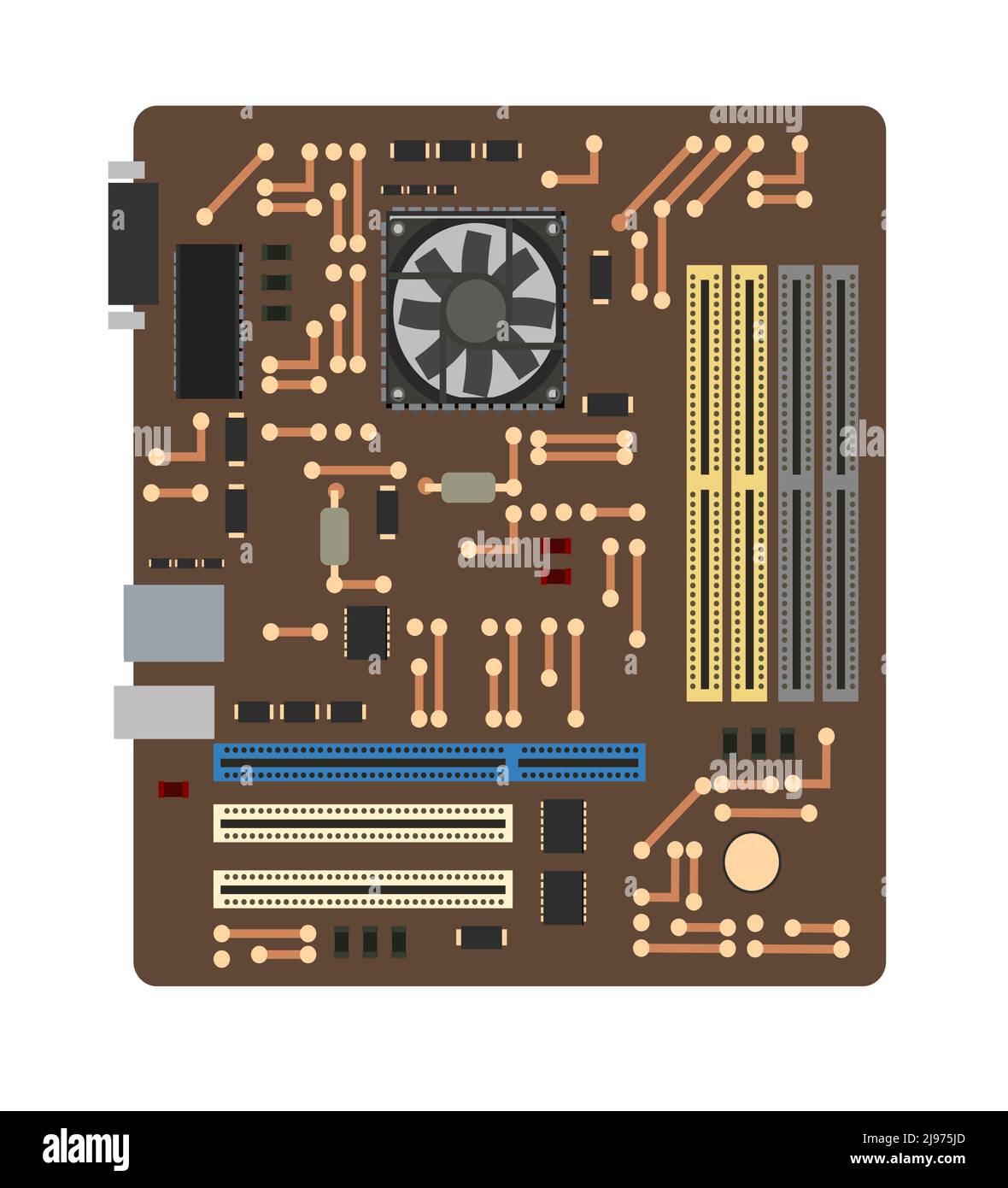 Carte mère avec connecteur pour carte vidéo et RAM. Pièce de rechange pour ordinateur personnel. Accessoires pour PC ou ordinateur portable. Isolé sur fond blanc. Vecteur. Illustration de Vecteur