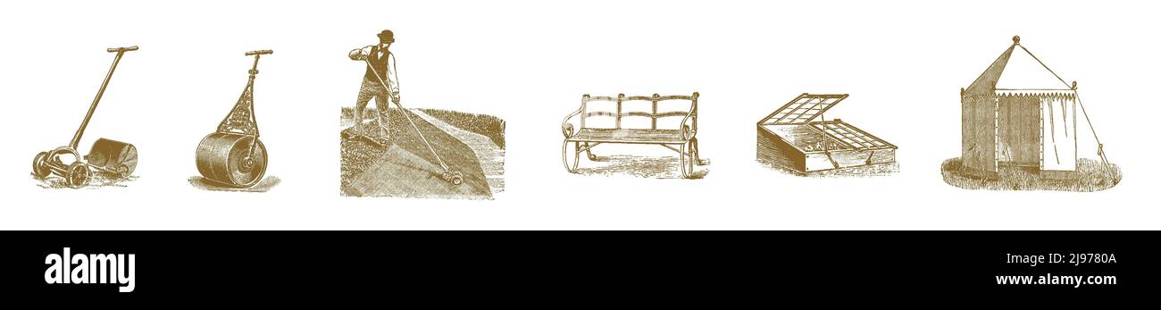 Jardinage illustrations de l'époque victorienne, découpe sépia sur fond blanc, prêt à l'emploi comme petites icônes ou motifs, comme des articles individuels ou groupés. Les outils de jardinage tels que les tondeuses et un rouleau sont visibles. Un homme utilise une tondeuse spéciale conçue pour couper de l'herbe sur une pente. Un banc, un cadre froid et une tente de jardin sont également inclus. Ces images de ligne sont apparues dans diverses publicités dans des publications victoriennes – un vintage 1800s/1900s graphiques. Banque D'Images
